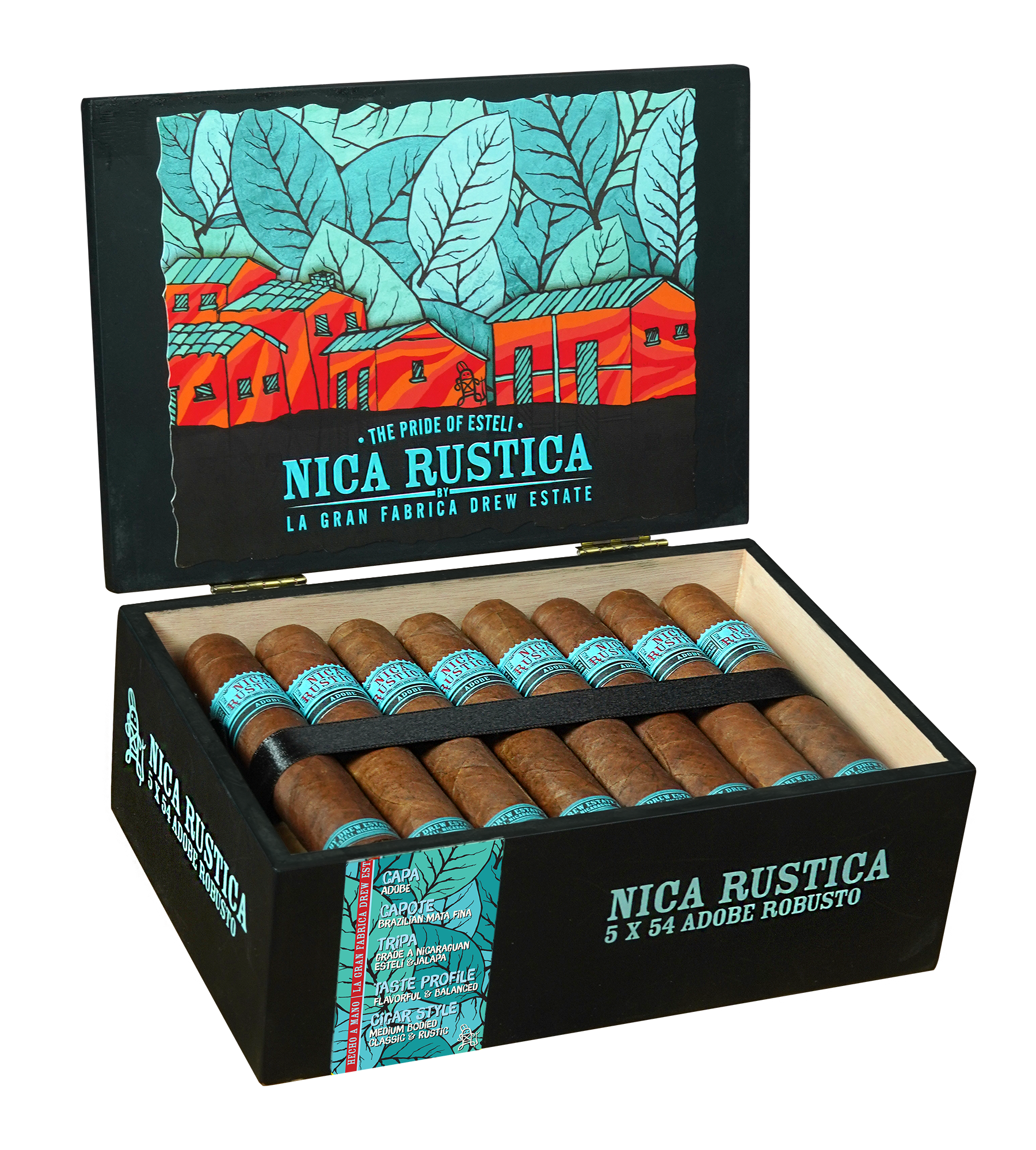 Box of Nica Rustica cigars with colorful label on a white background