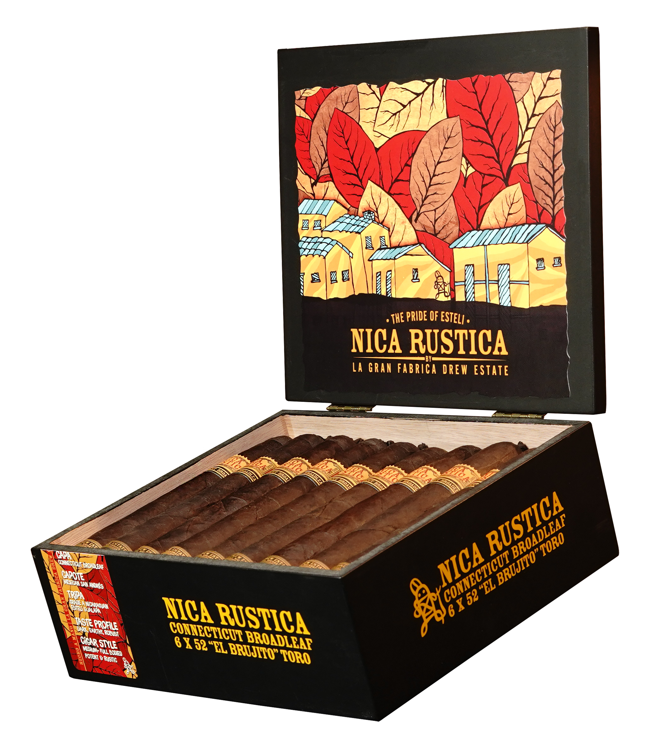 Box of Nica Rustica cigars with a colorful label on a white background