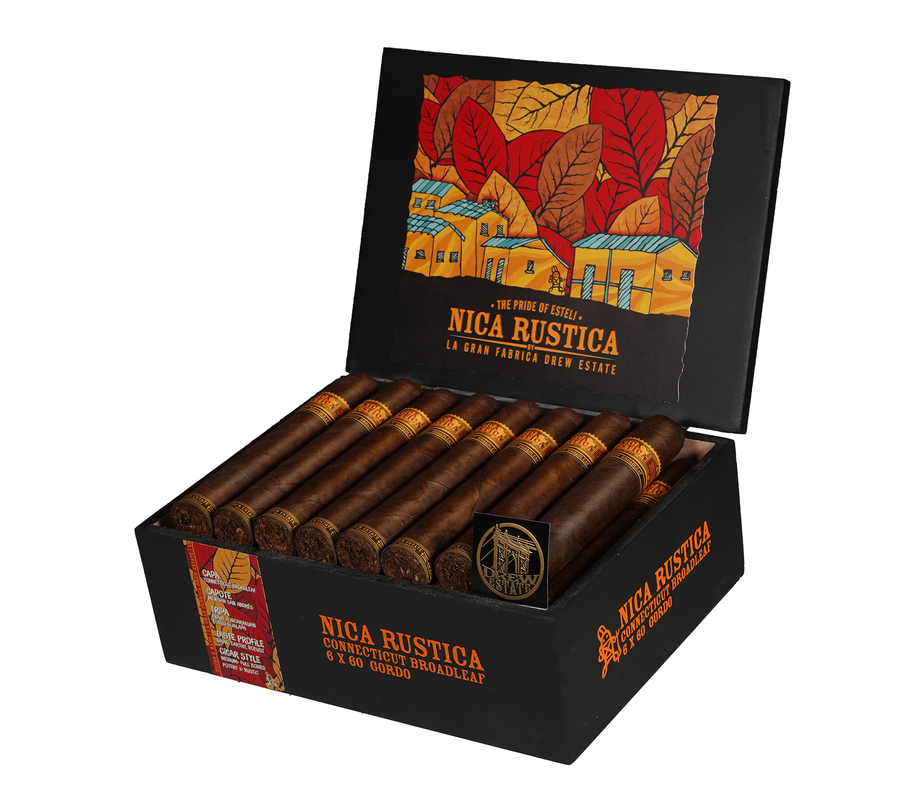 Box of Nica Rustica cigars with cigar leaf design on the lid