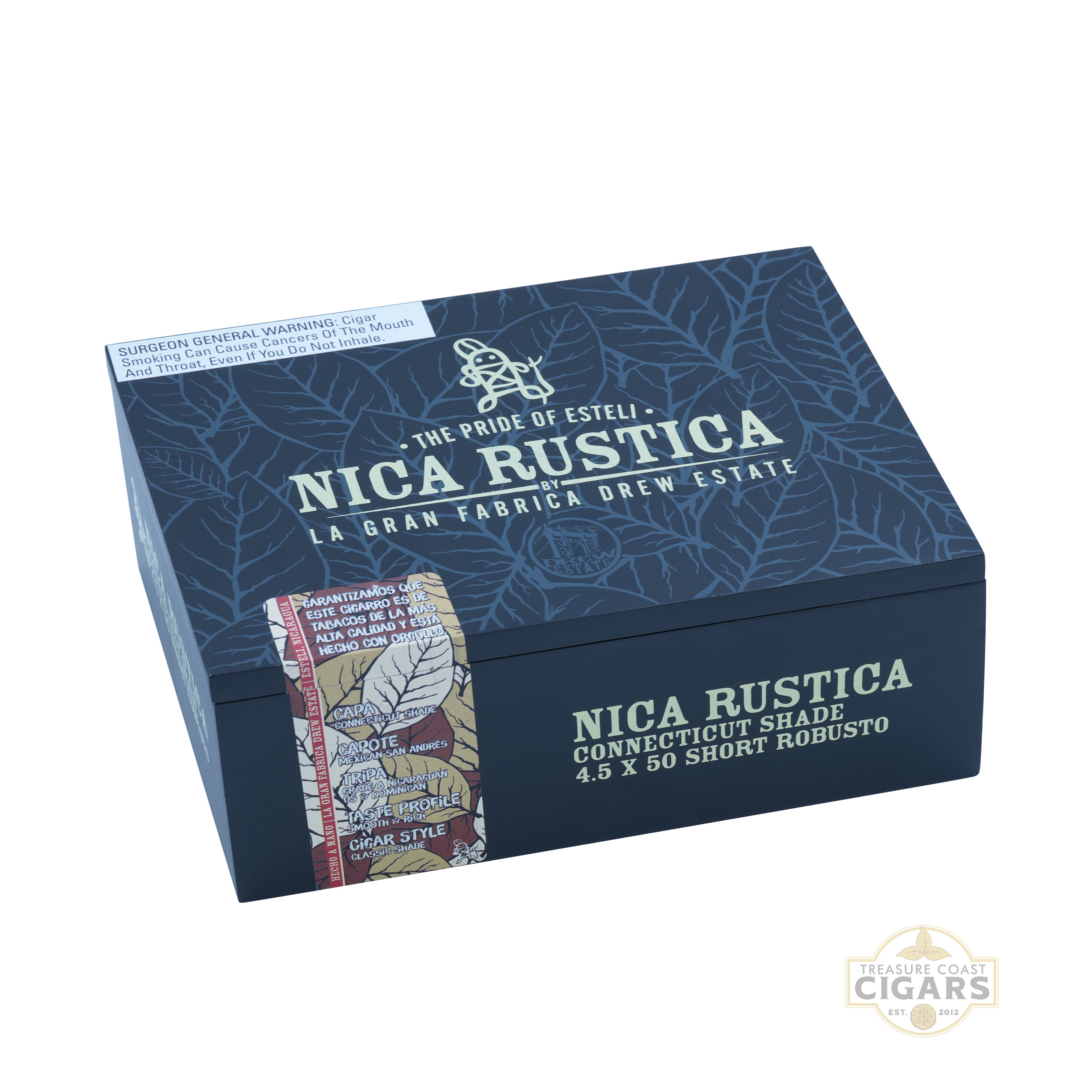 Nica Rustica Shade cigar box with branding and product details on a white background