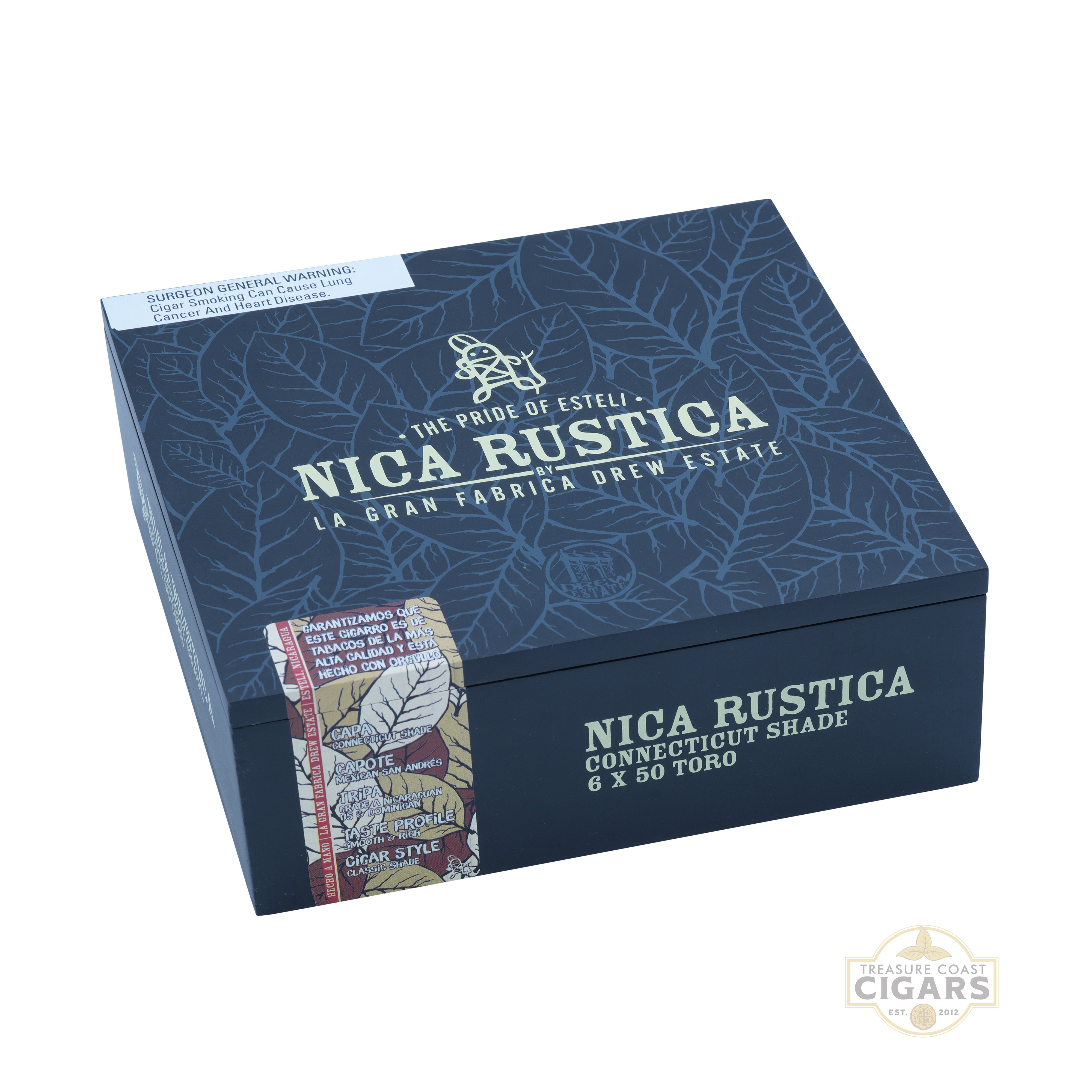 Nica Rustica Shade Toro cigar box with leaf design on a white background
