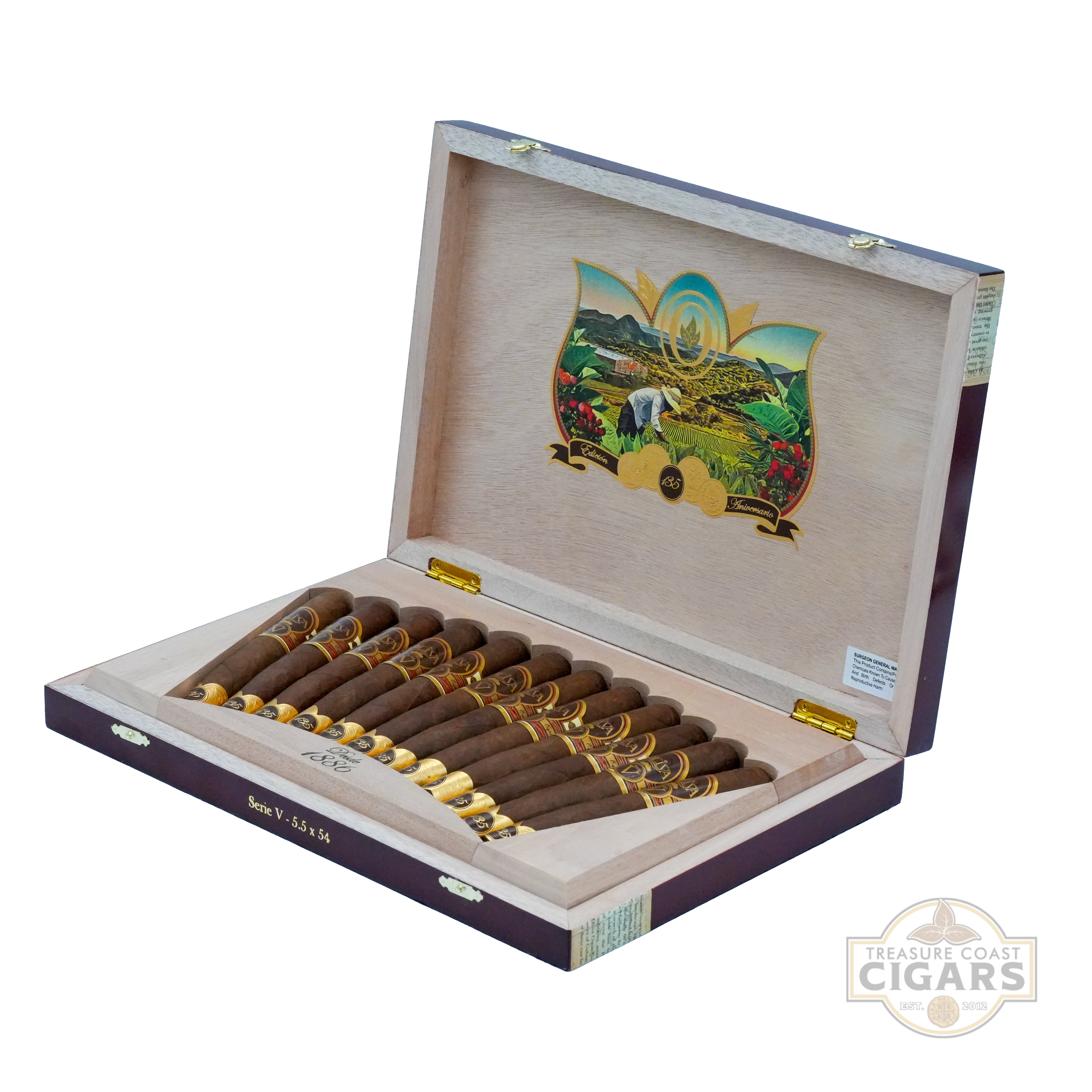 Open box with cigars and decorative lid featuring a landscape design, Treasure Coast Cigars branding visible.