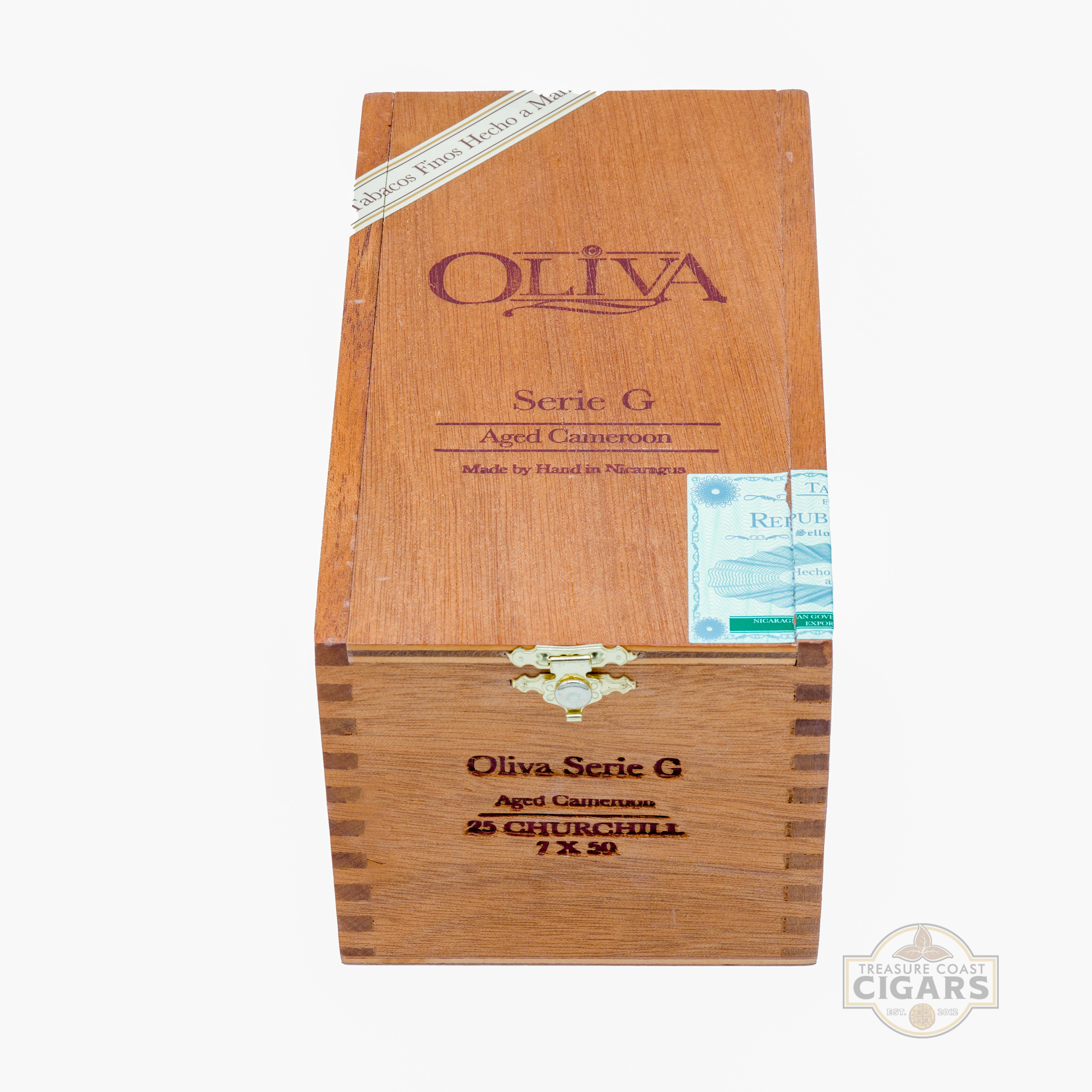 Wooden box of Oliva Serie G cigars on a white background