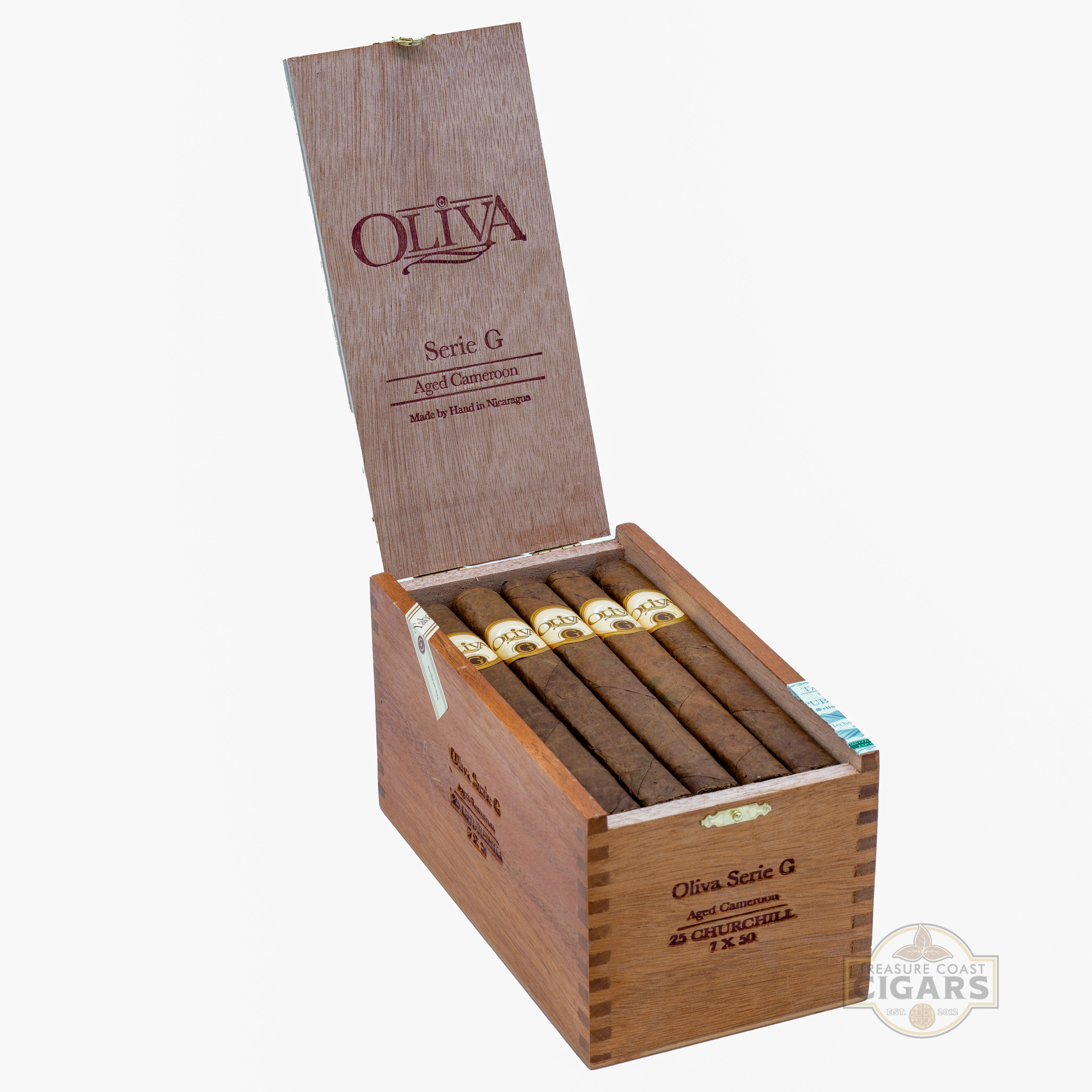 Open wooden box of Oliva Serie G cigars on a white background