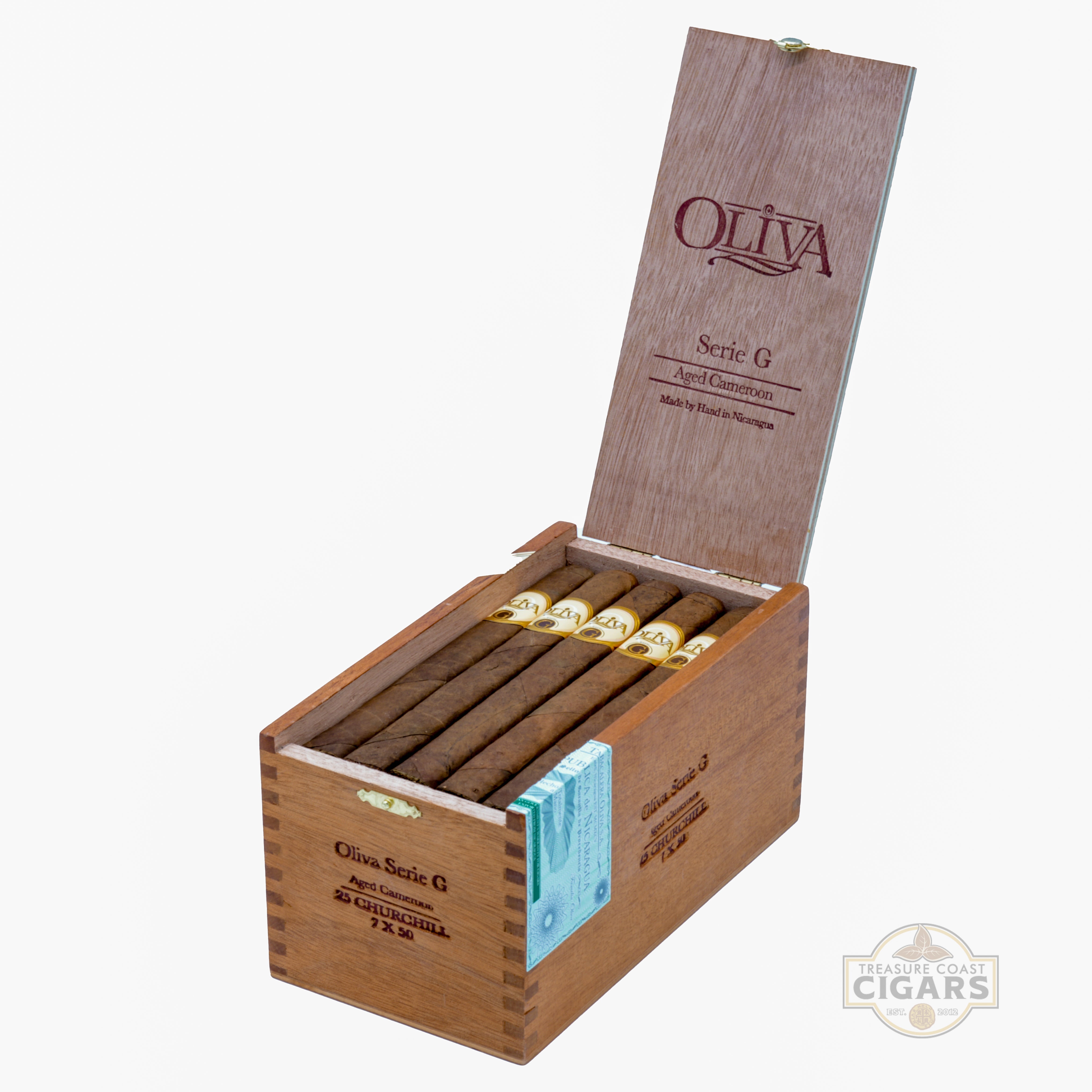 Open wooden box of Oliva cigars on a white background