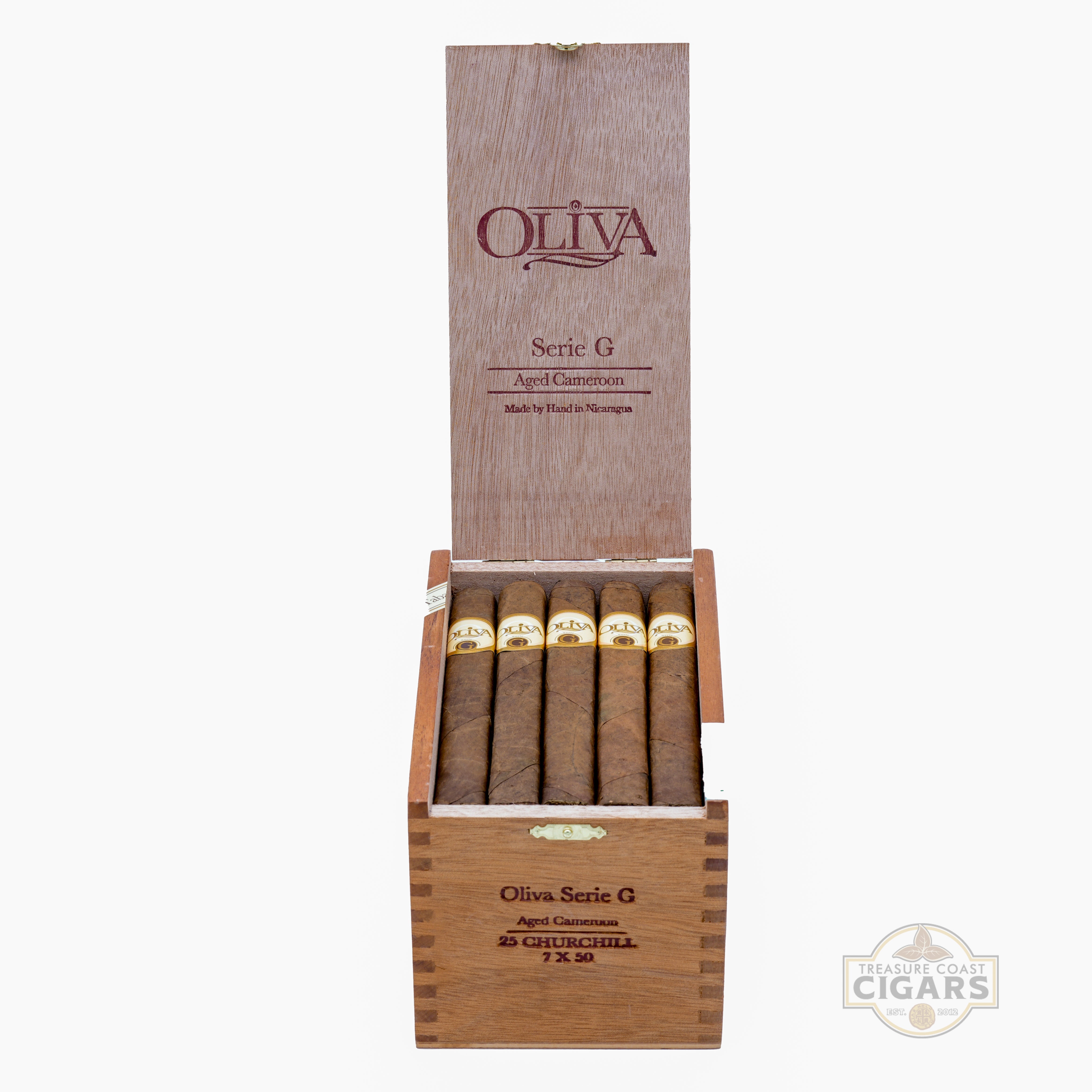 Open wooden box of Oliva Serie G Churchill cigars on a white background