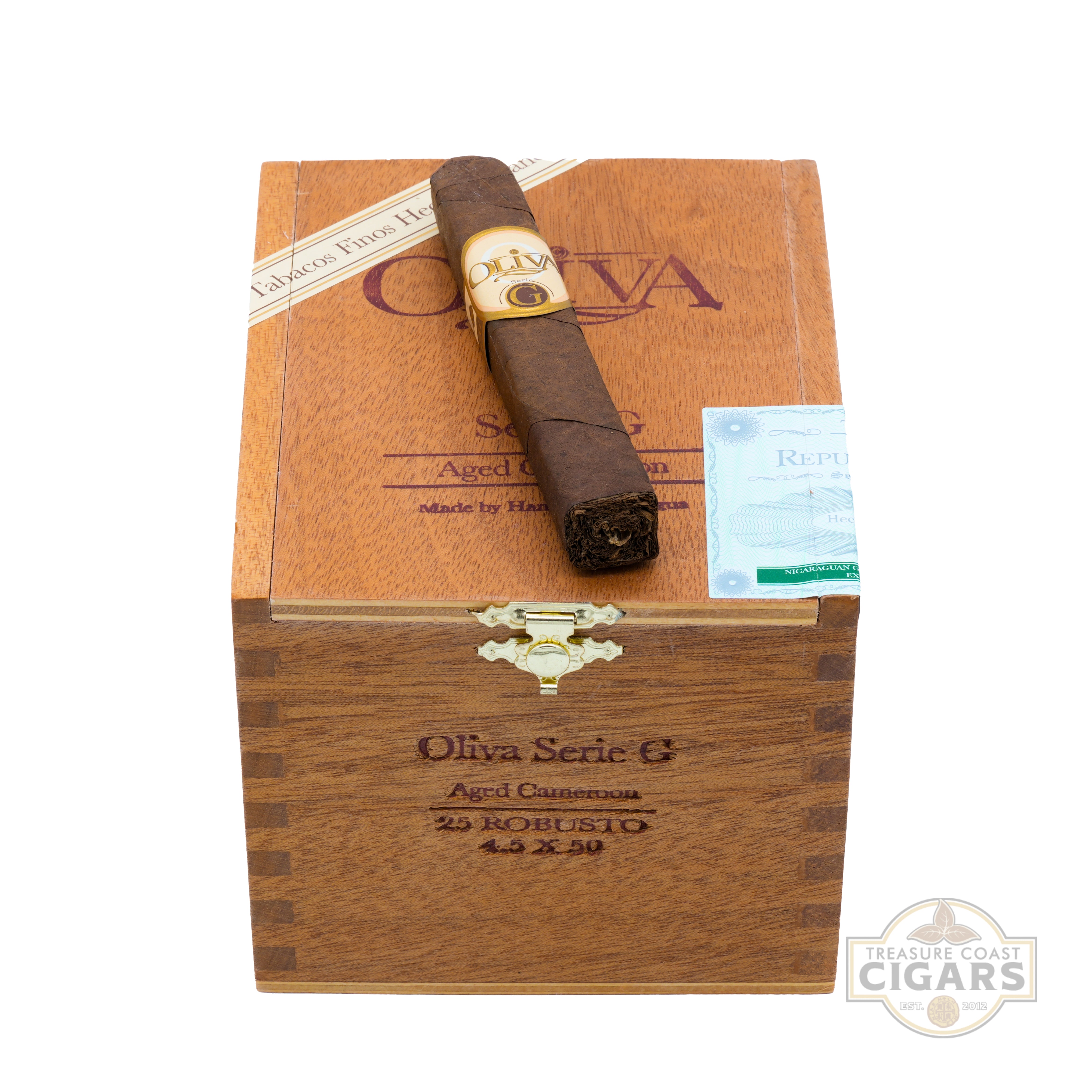 Cigar in a wooden box with Oliva branding on a white background