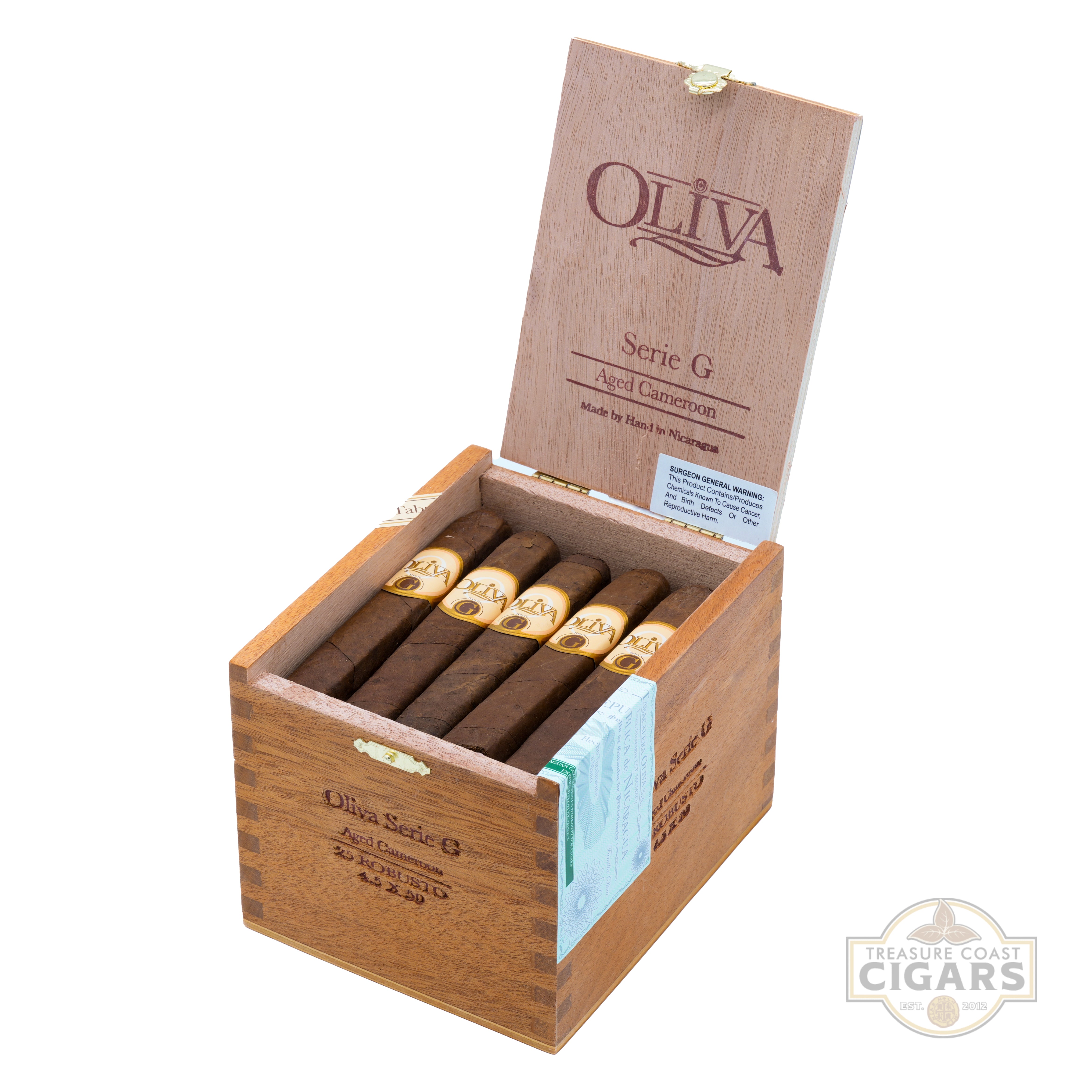 Open wooden box of Oliva cigars with cigars inside on a white background