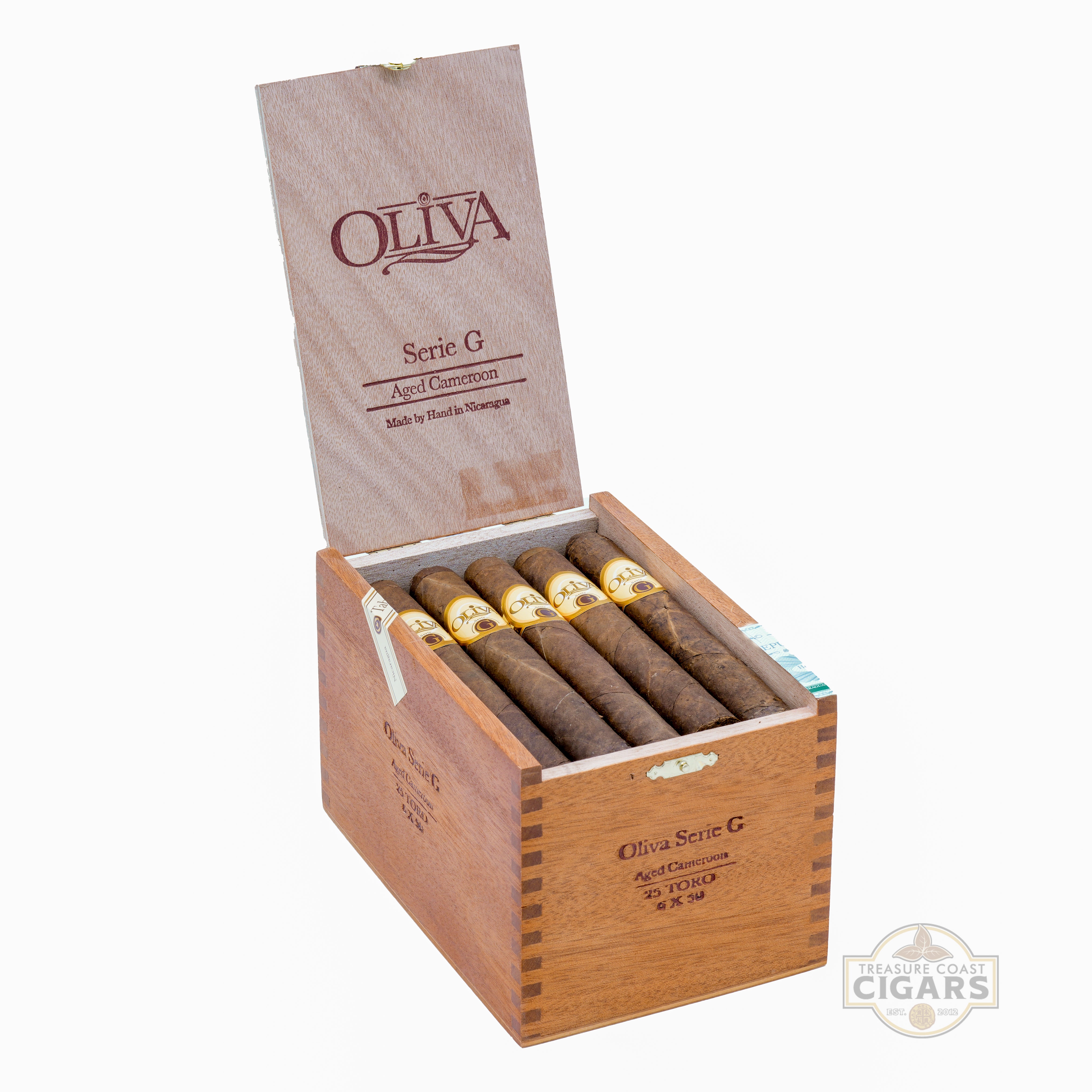 Open wooden box of Oliva cigars with cigars inside on a white background