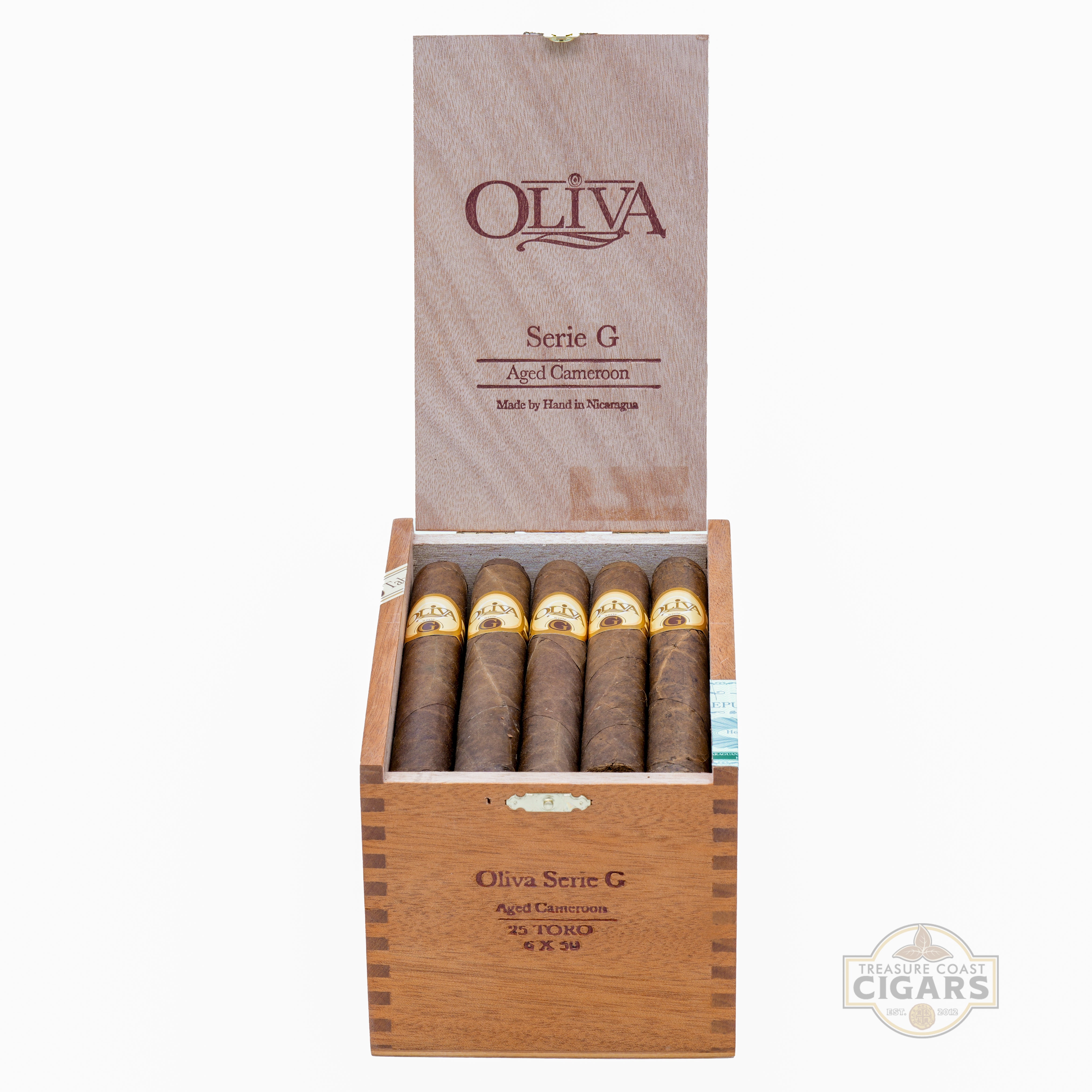 Box of Oliva Serie G cameroon cigars with a brown box and visible cigars.