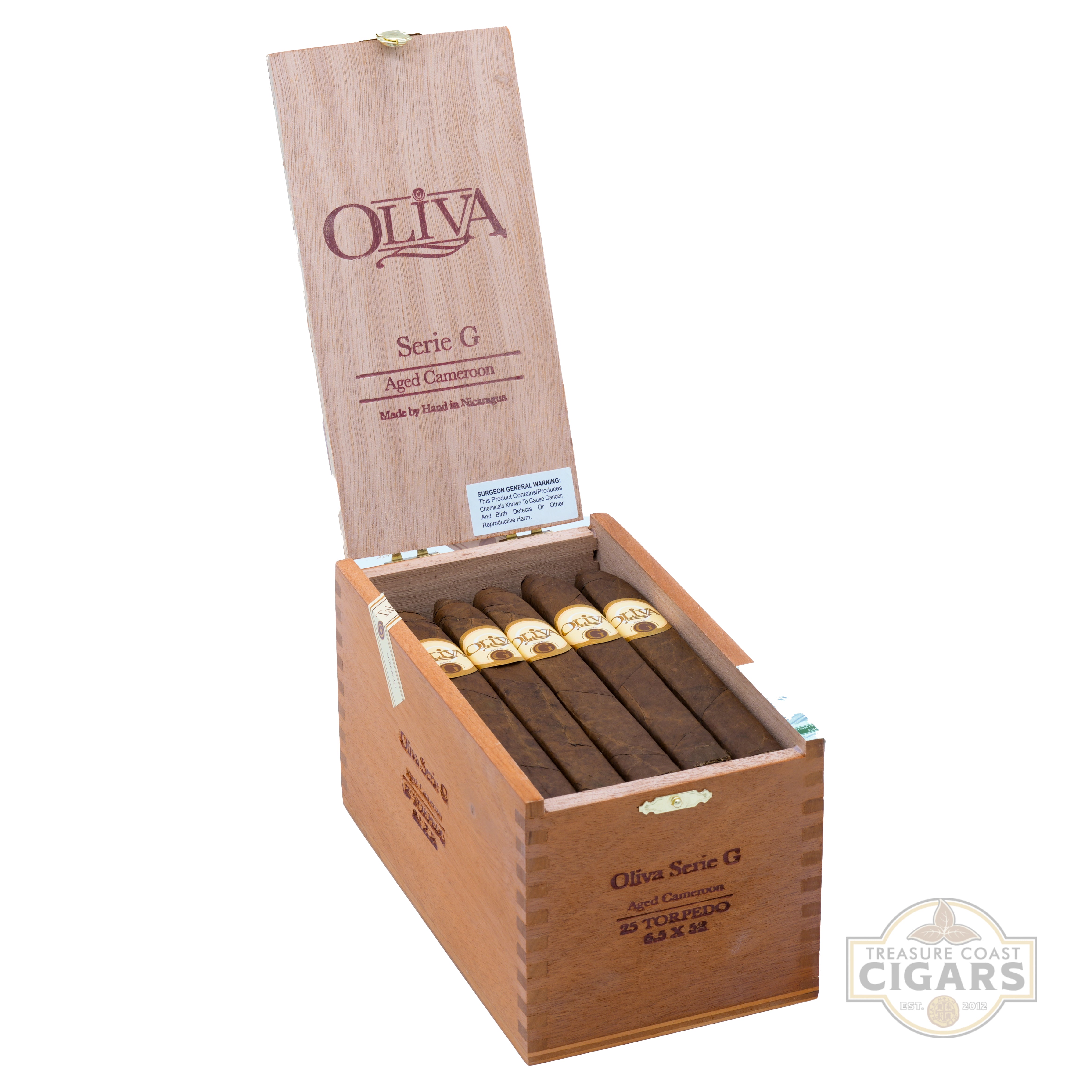 Open wooden box of Oliva Serie G cigars on a white background