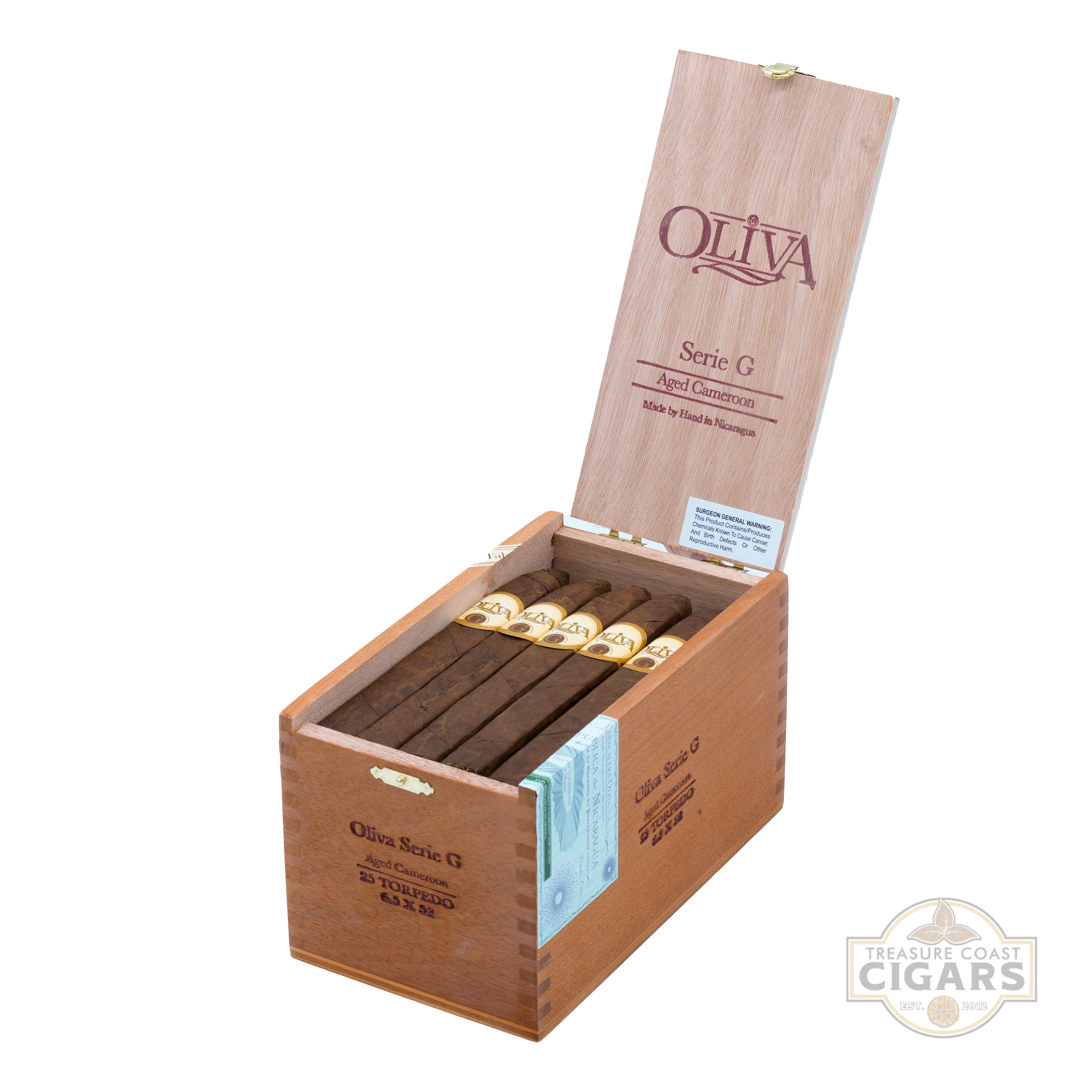 Open wooden box of Oliva cigars with cigars inside on a white background
