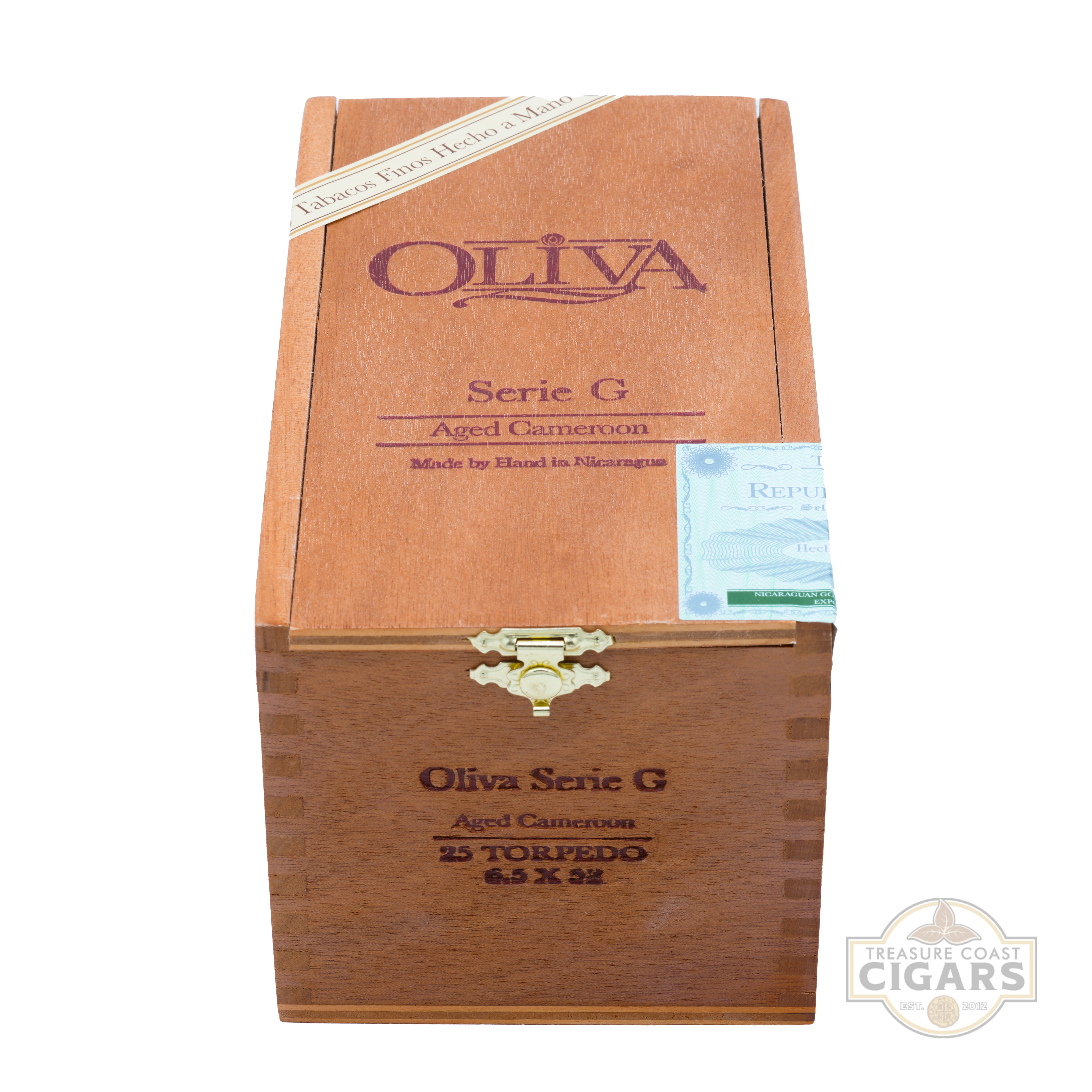 Wooden cigar humidor with Oliva branding on a white background