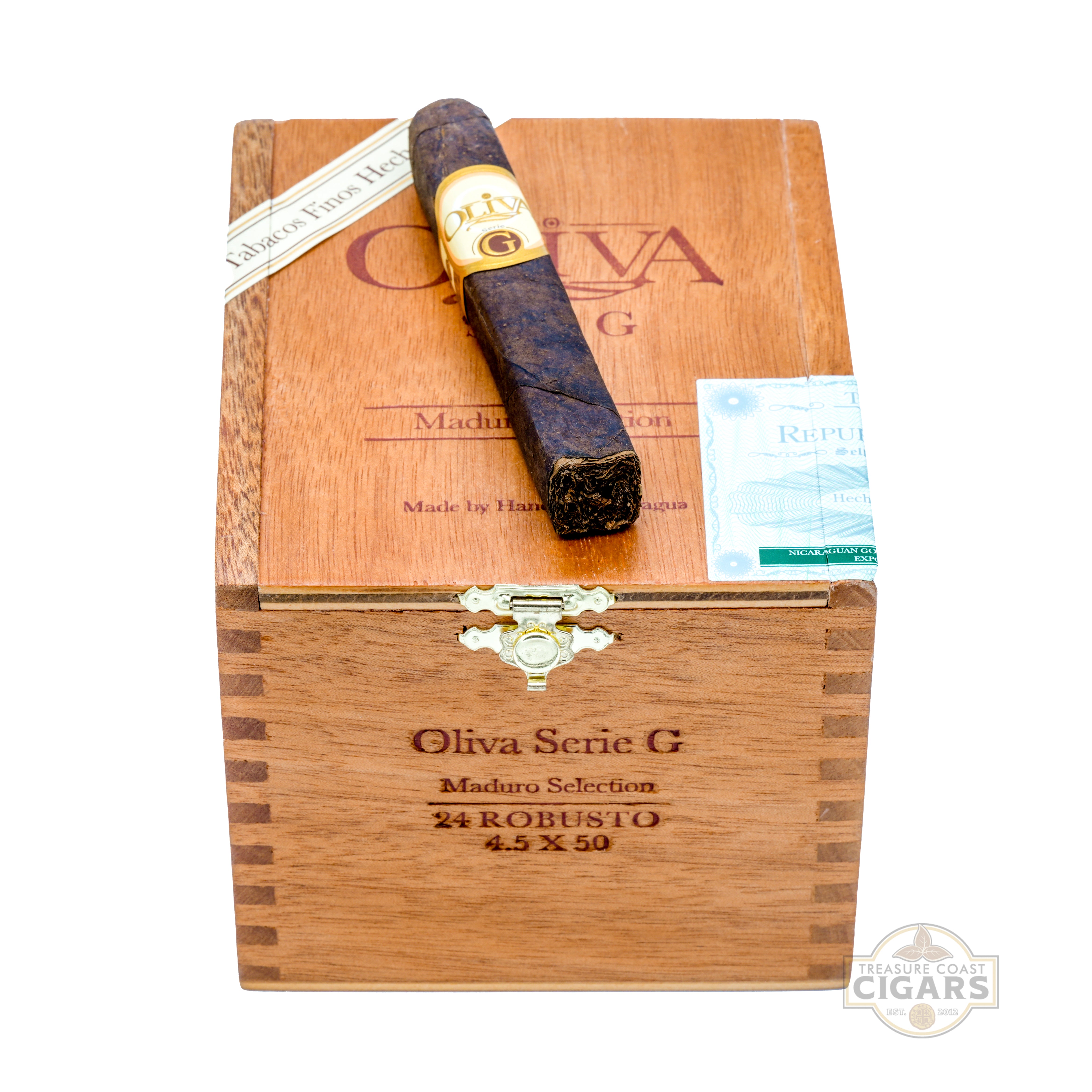 Cigar in a wooden box with Oliva branding on a white background