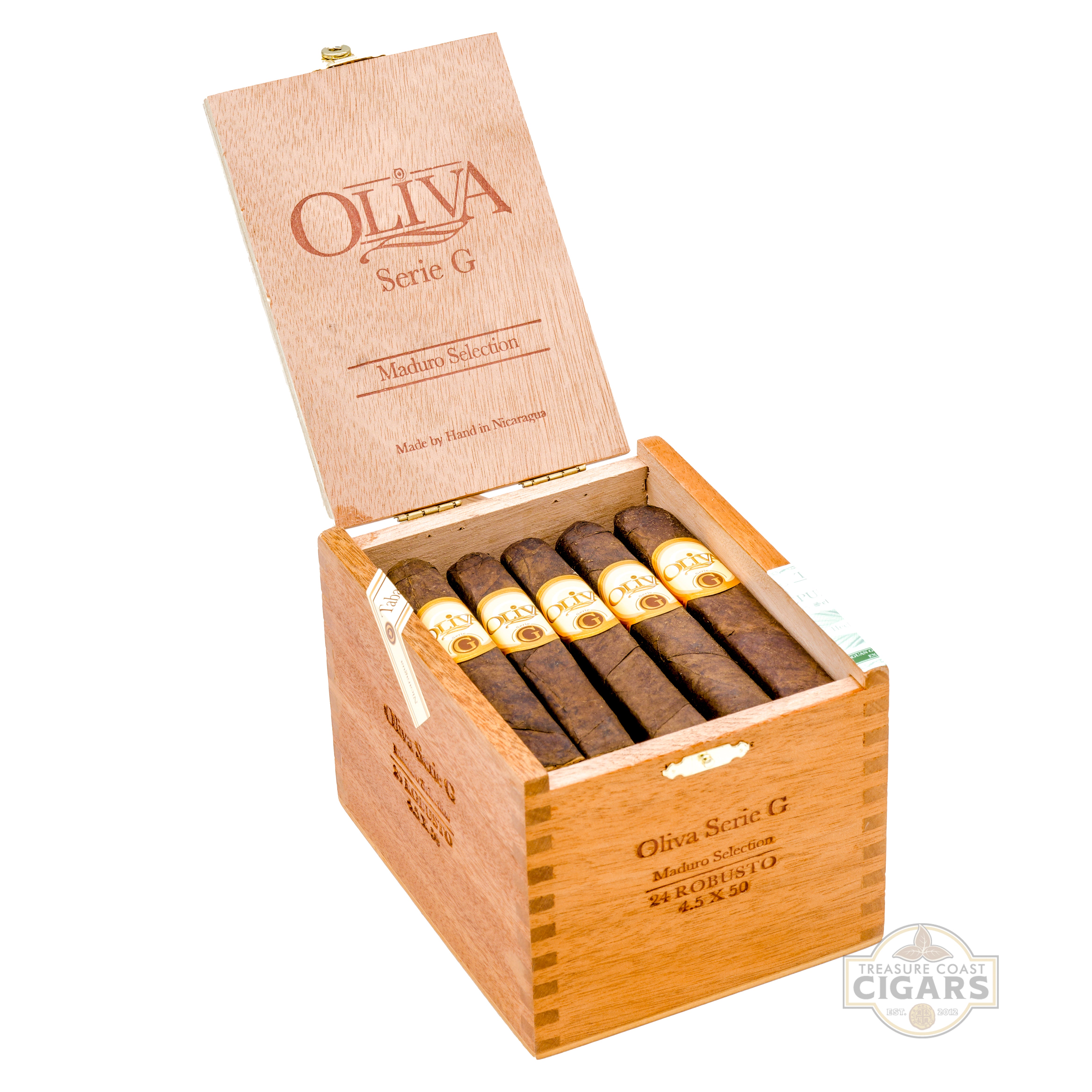 Open wooden box of Oliva Serie G cigars on a white background