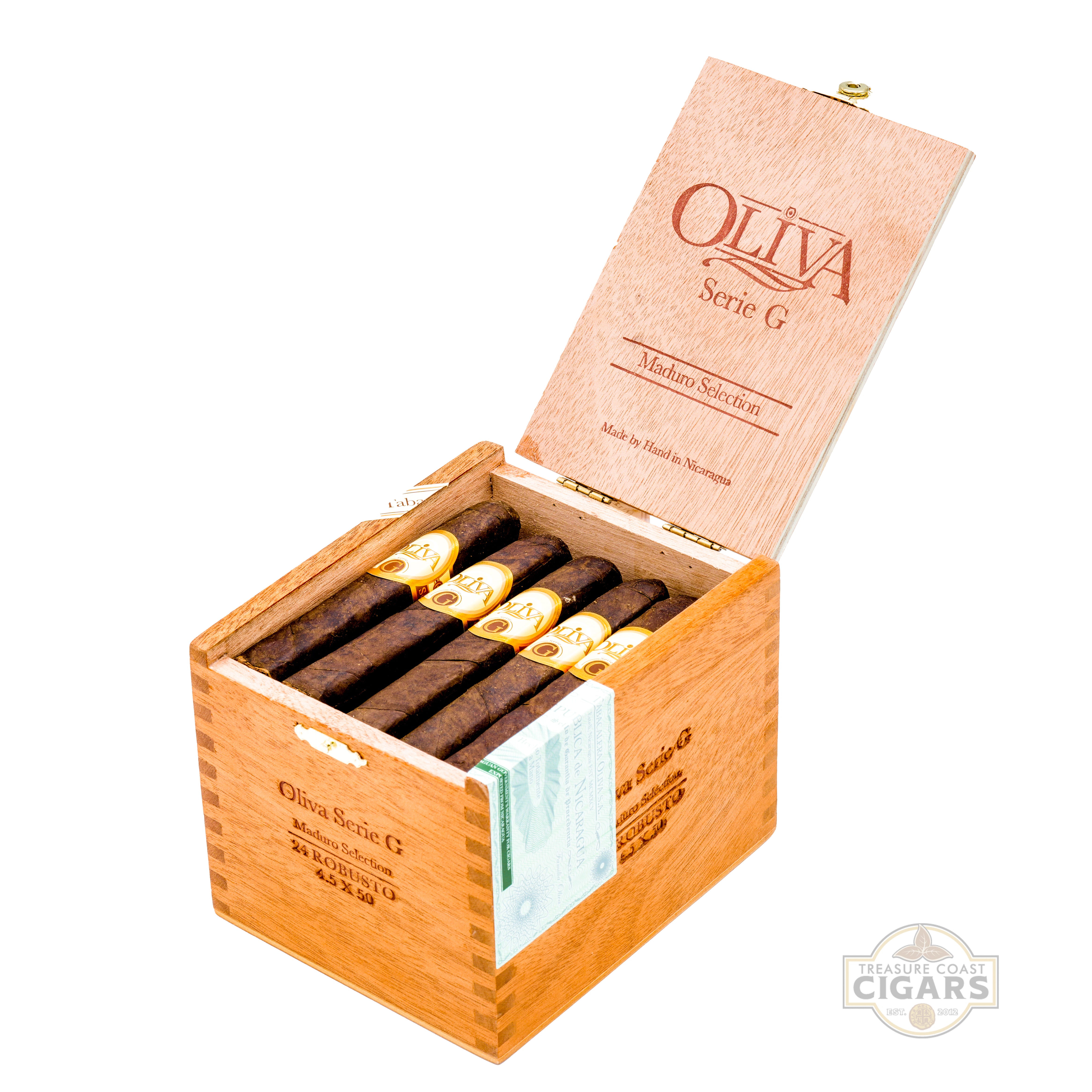 Open wooden box of Oliva Serie G cigars with the box lid open on a white background.