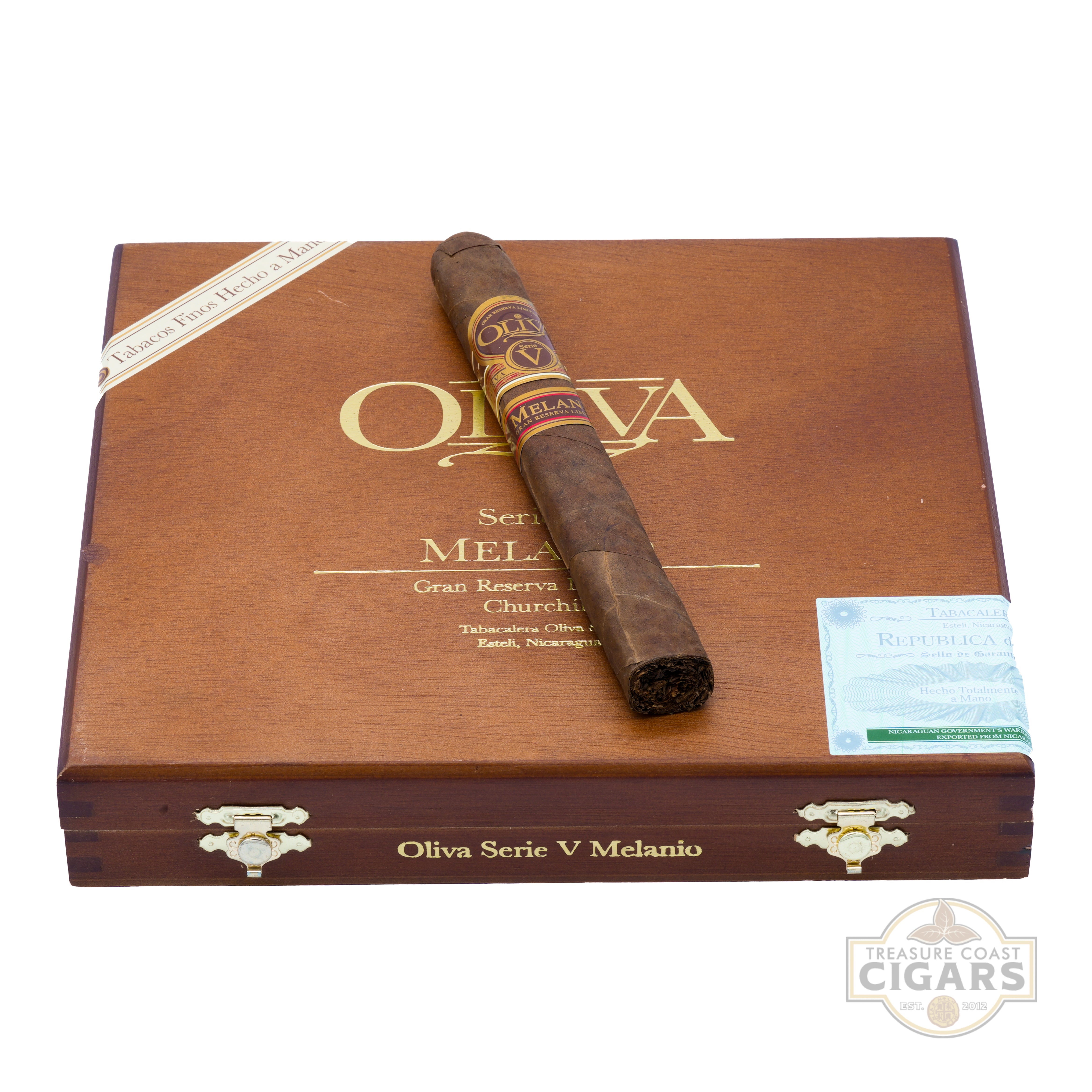 Oliva Serie V Melanio cigar in a wooden box on a white background