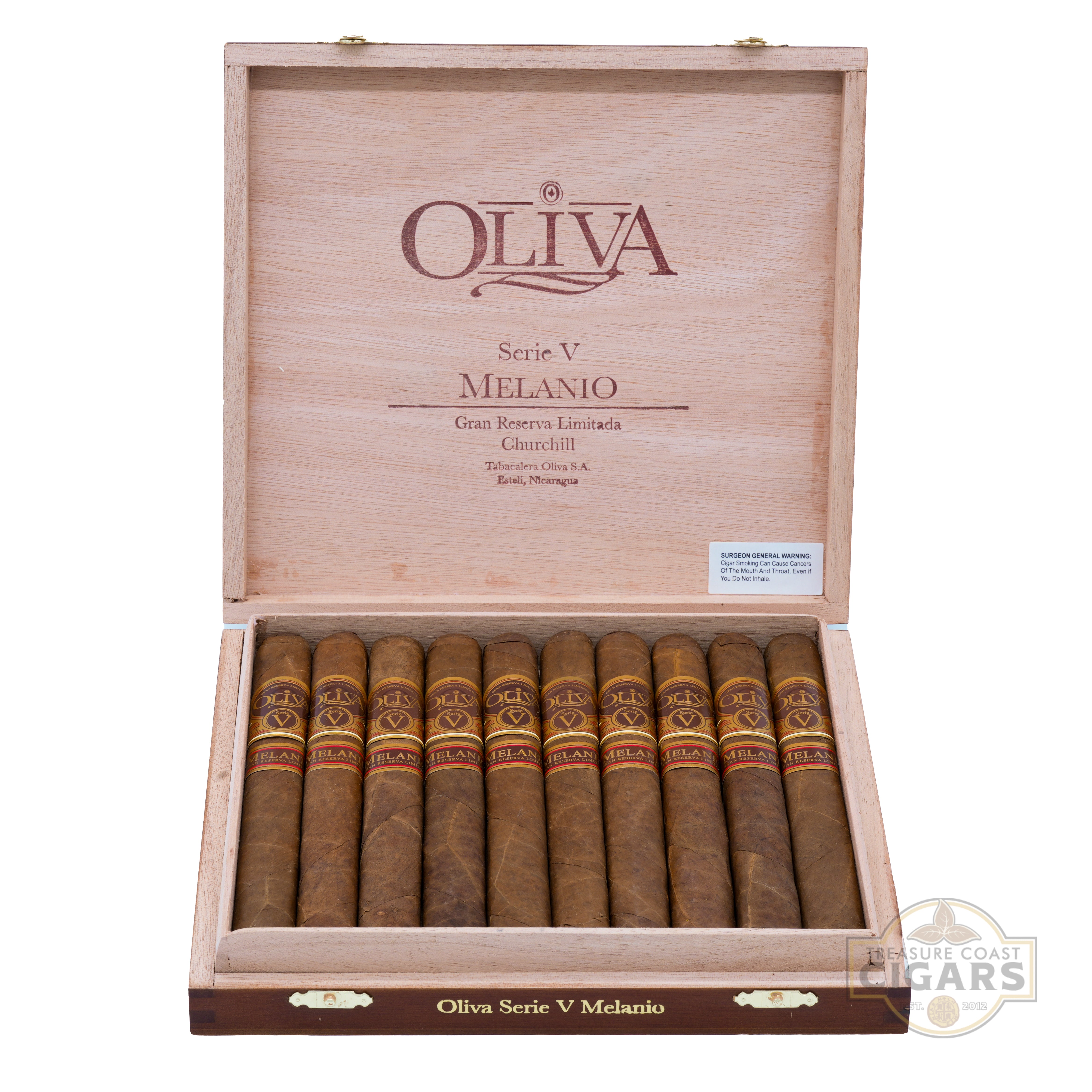 Wooden box of Oliva Serie V Melanio cigars on a white background