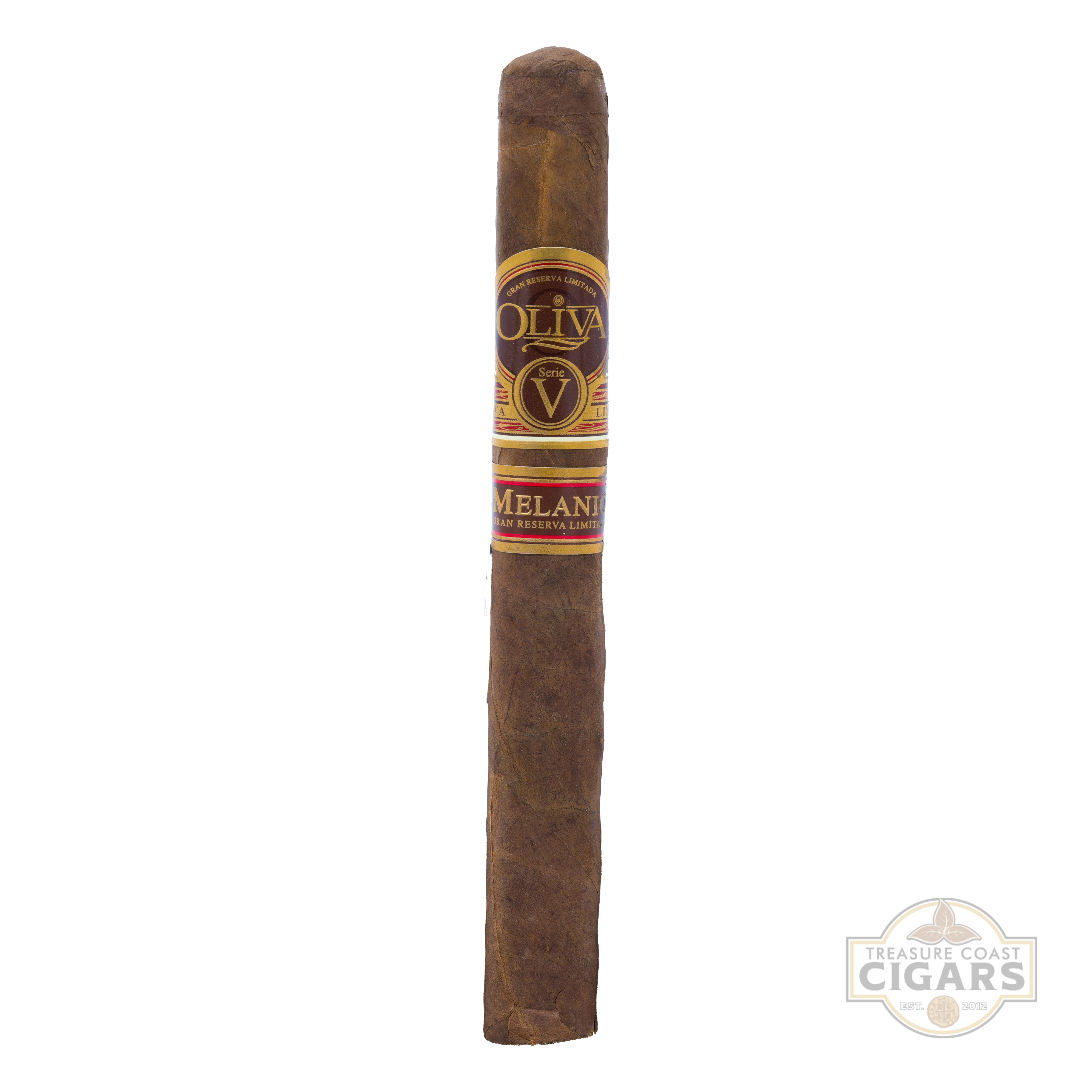 Oliva Melanio Churchill Cigar with Oliva label on a white background