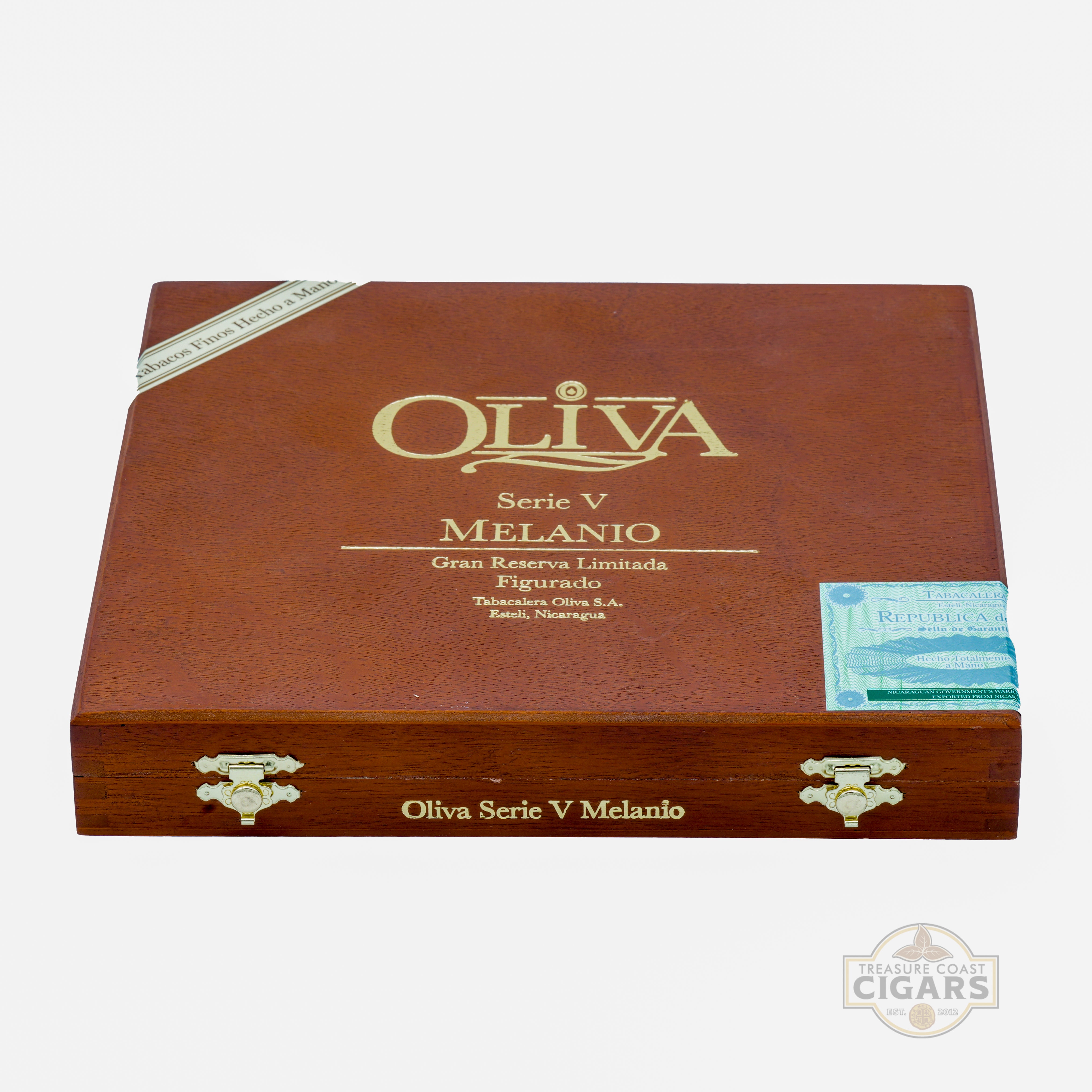 Brown cigar box with 'Oliva' branding on a white background