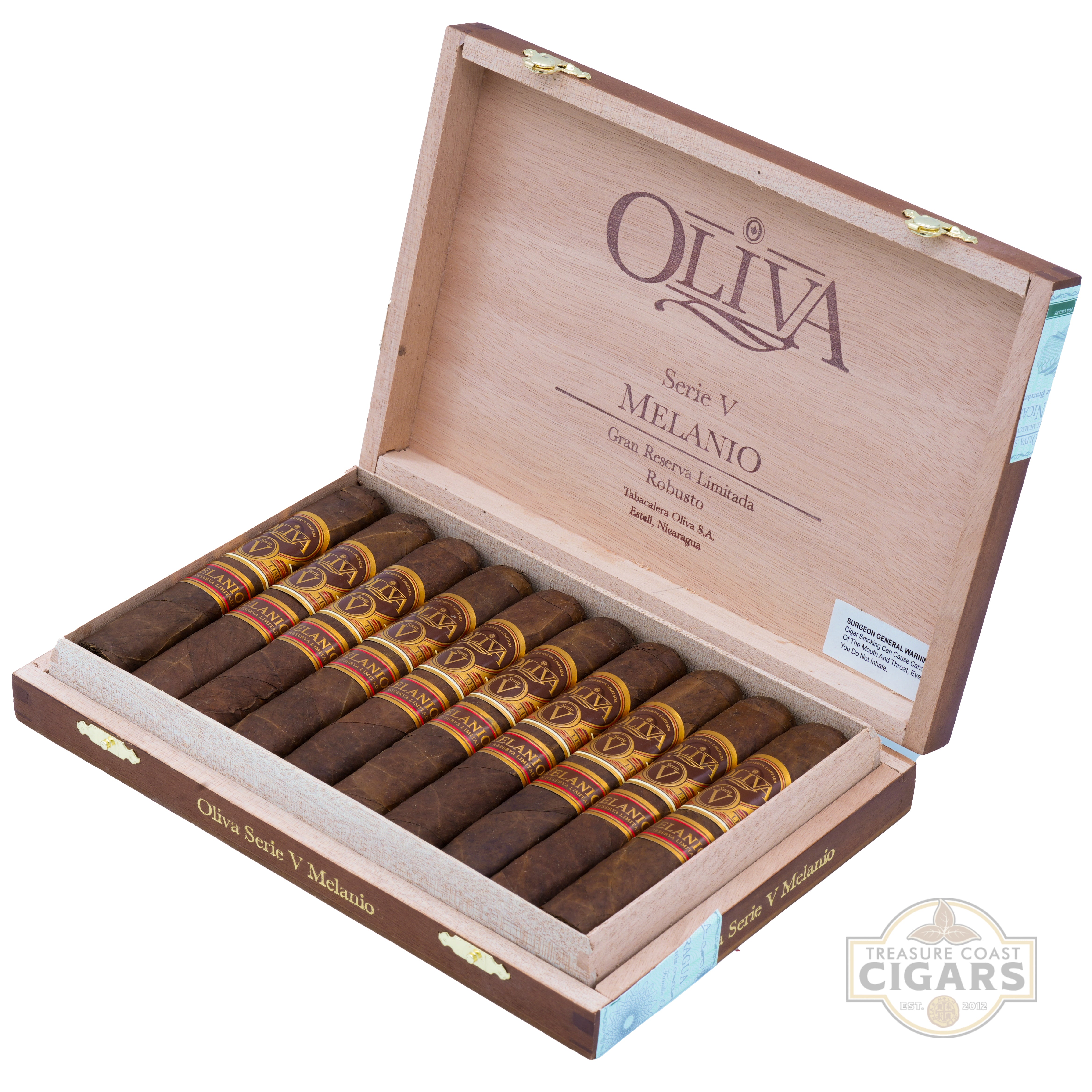 Open wooden box of Oliva Serie V Melanio cigars on a white background