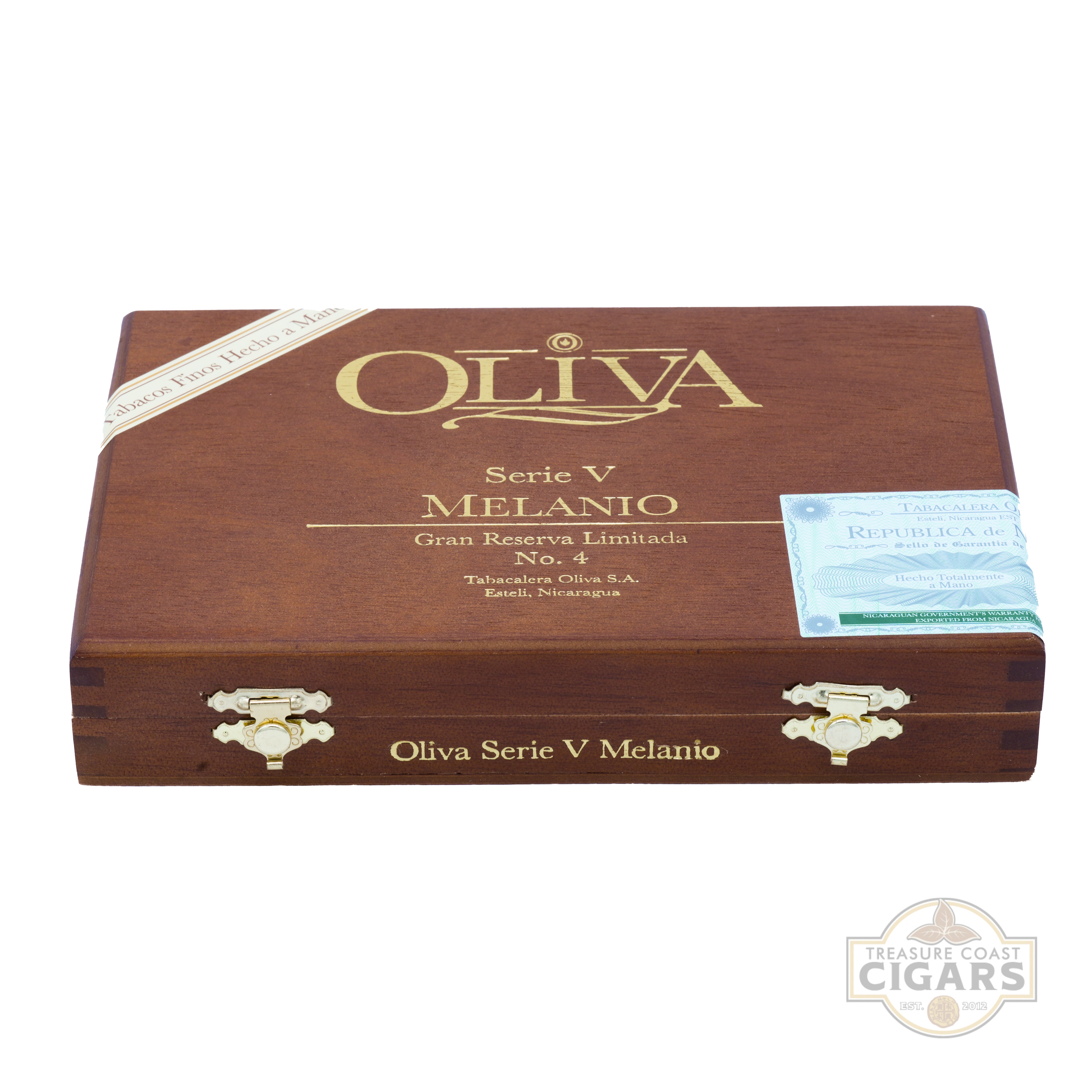 Wooden Oliva cigar box with gold accents on a white background