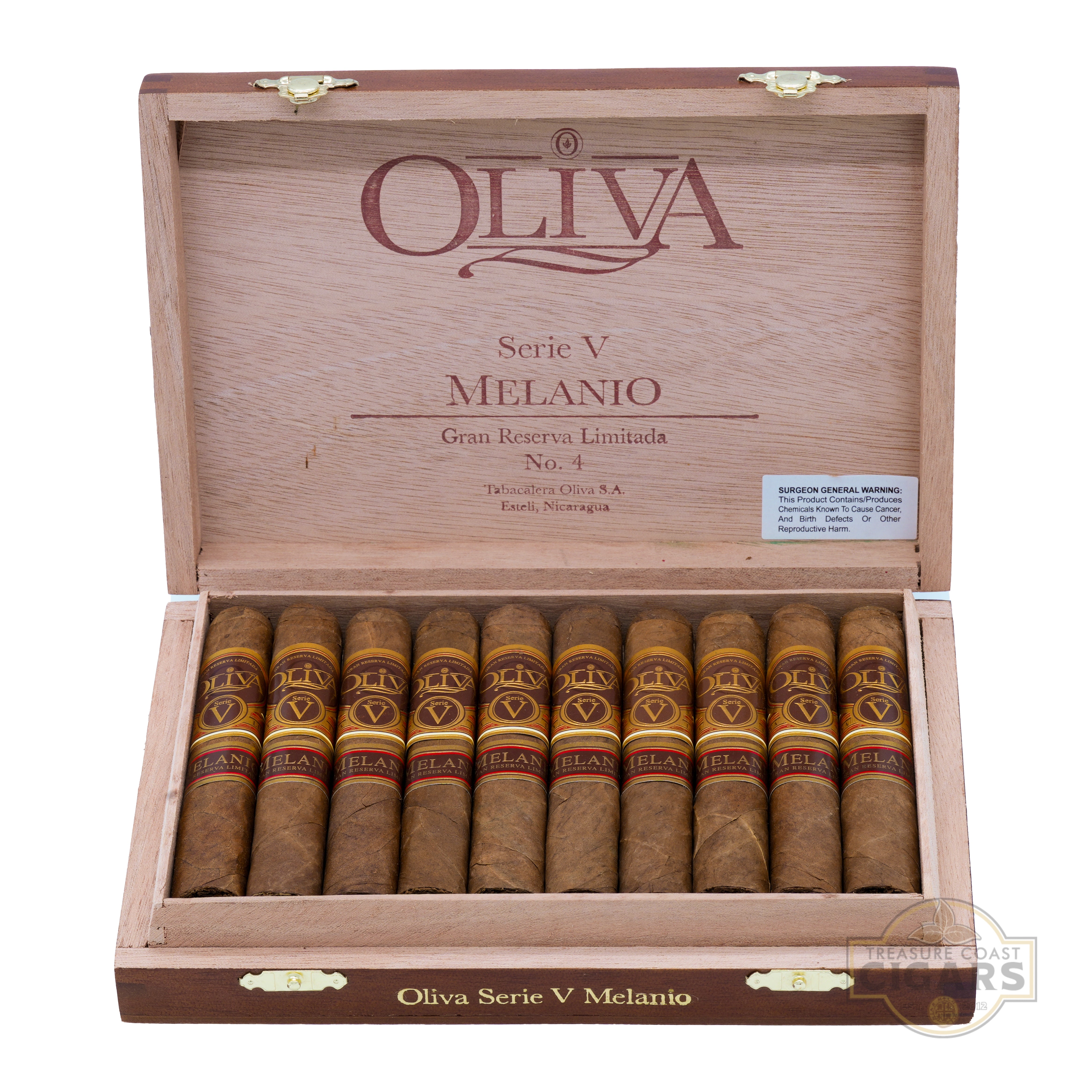 Open wooden box of Oliva Serie V Melanio cigars on a white background