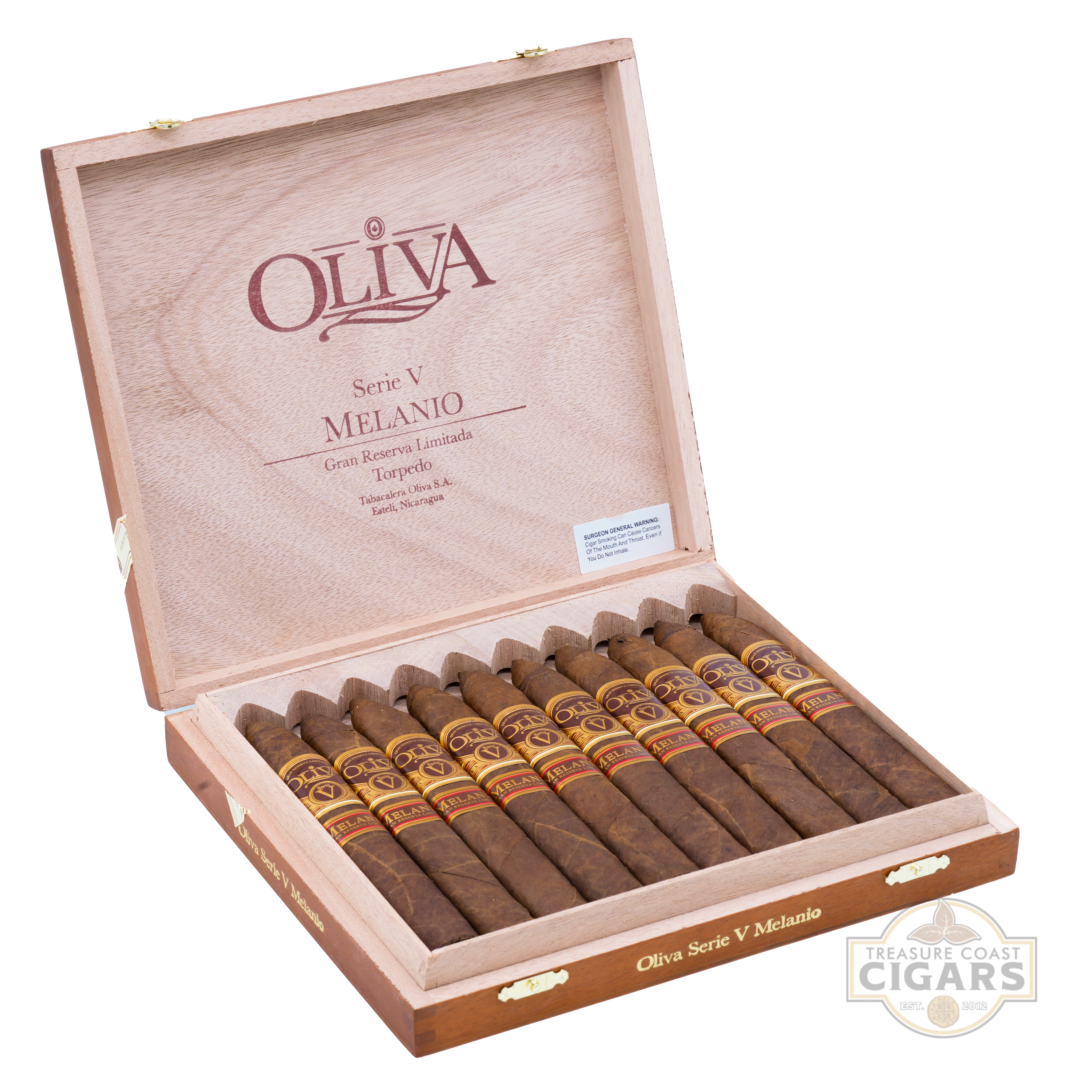 Open wooden box of Oliva cigars with cigars inside on a white background