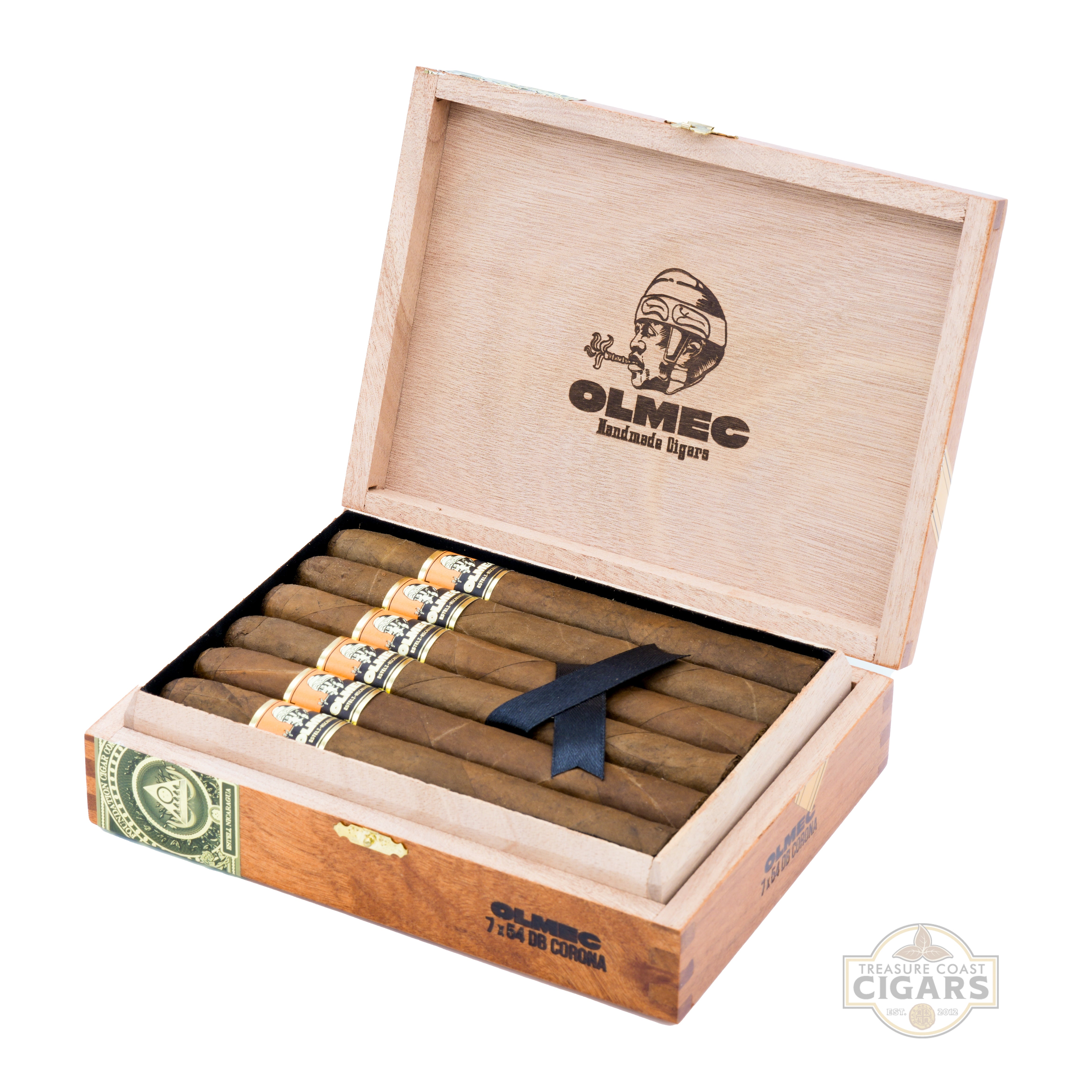 Open wooden box of Olmec cigars with cigars inside on a white background