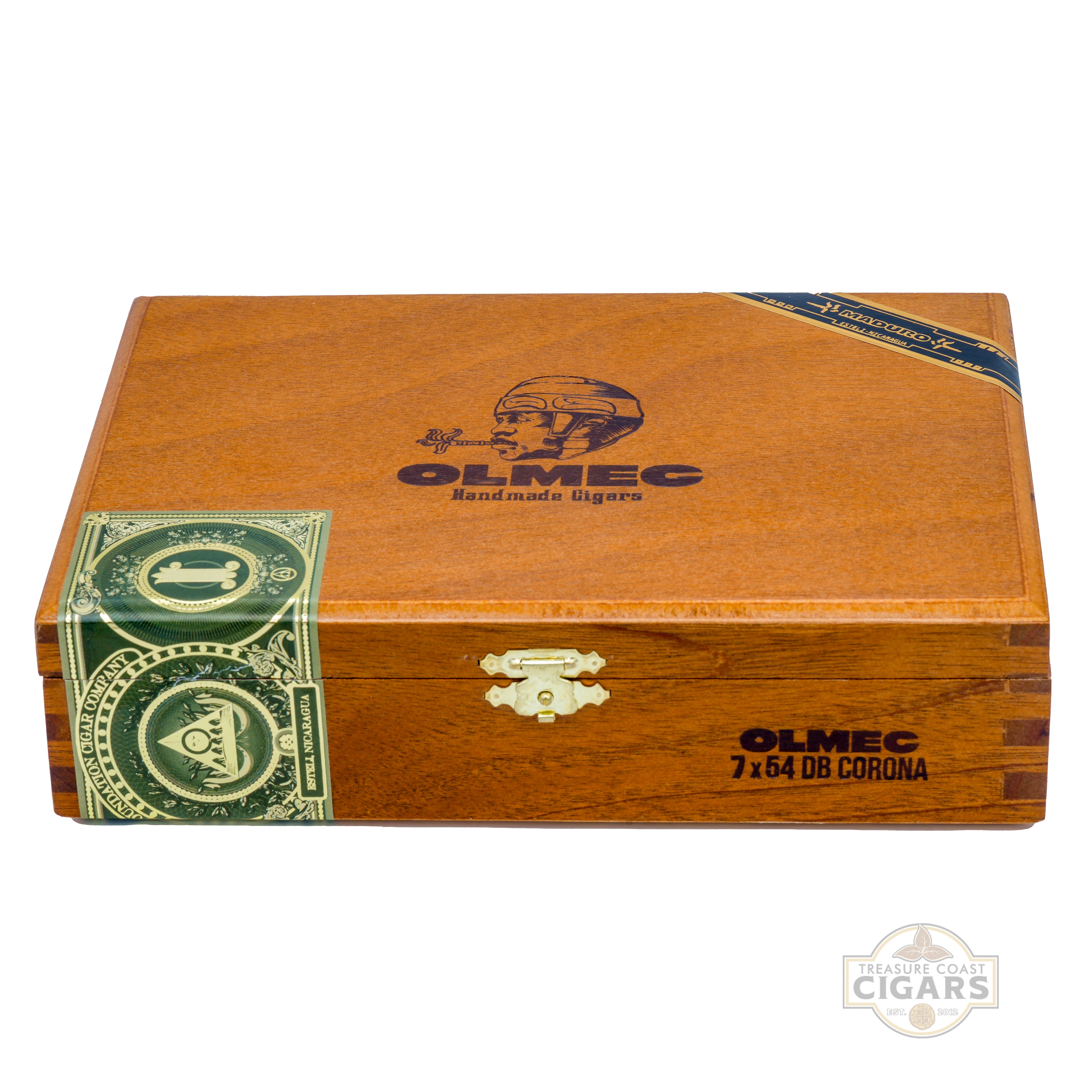 Wooden cigar box with Olmec branding on a white background