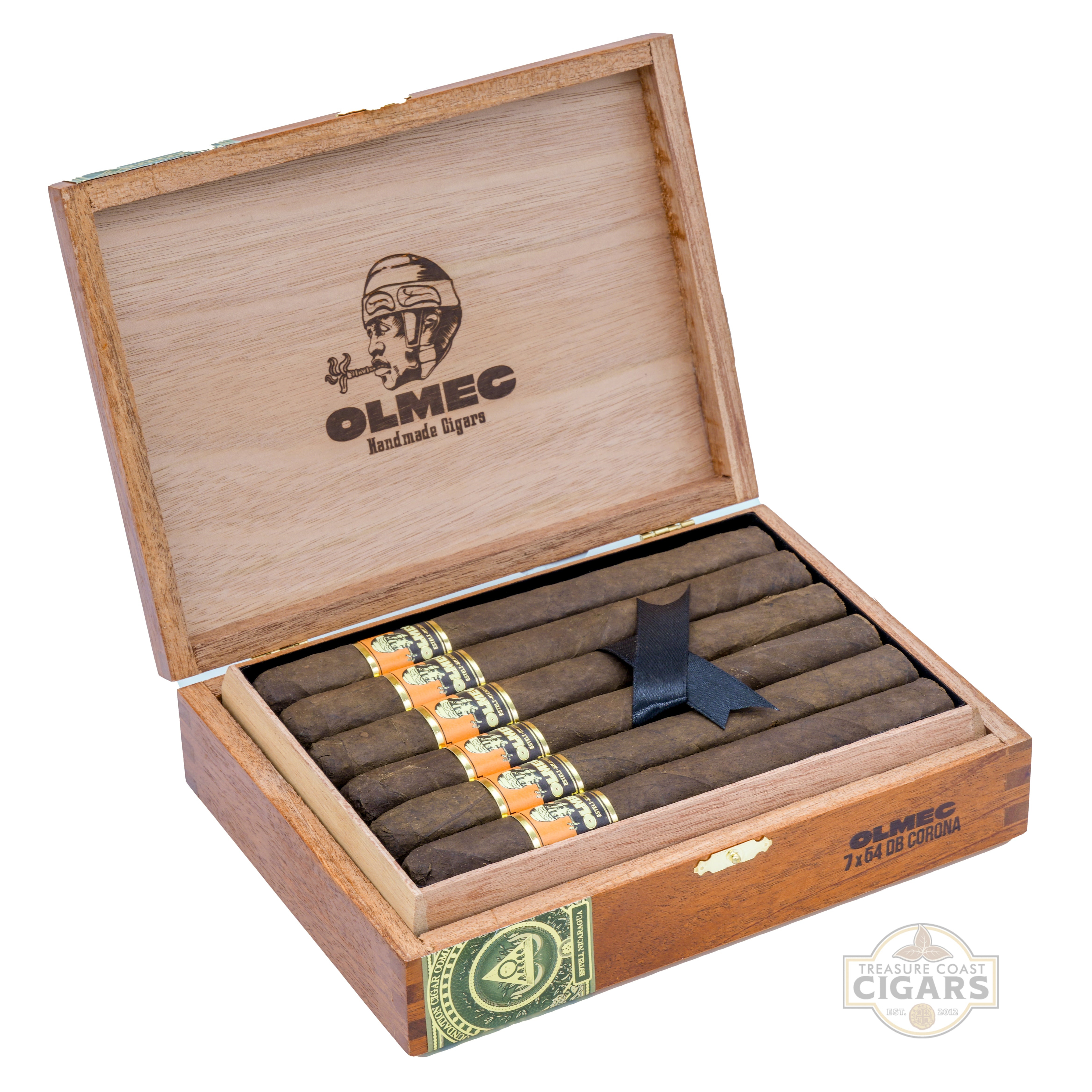 Open wooden cigar box with Olmec cigars on a white background