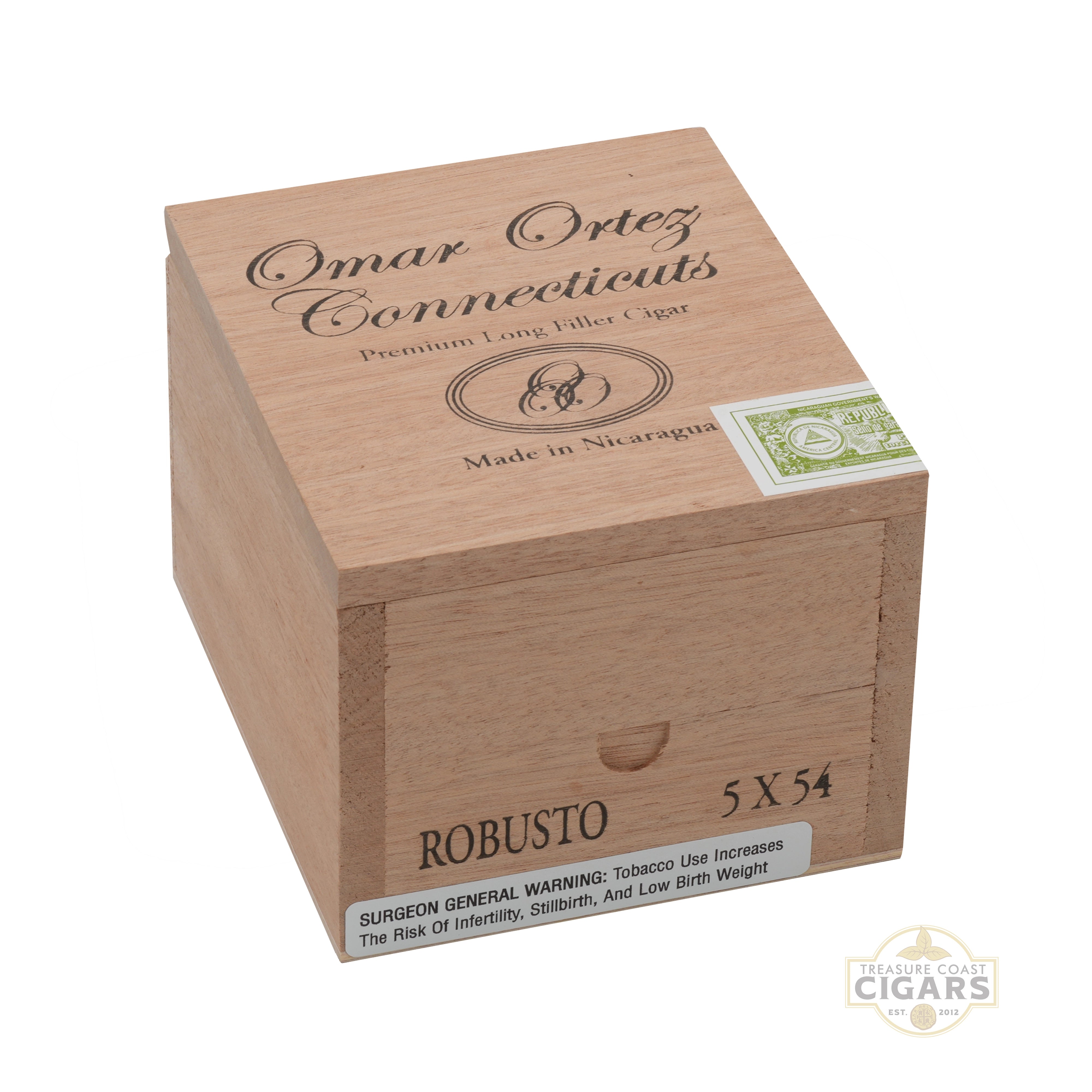 Cigar box with 'Omar Ortez Connecticut' branding on a white background