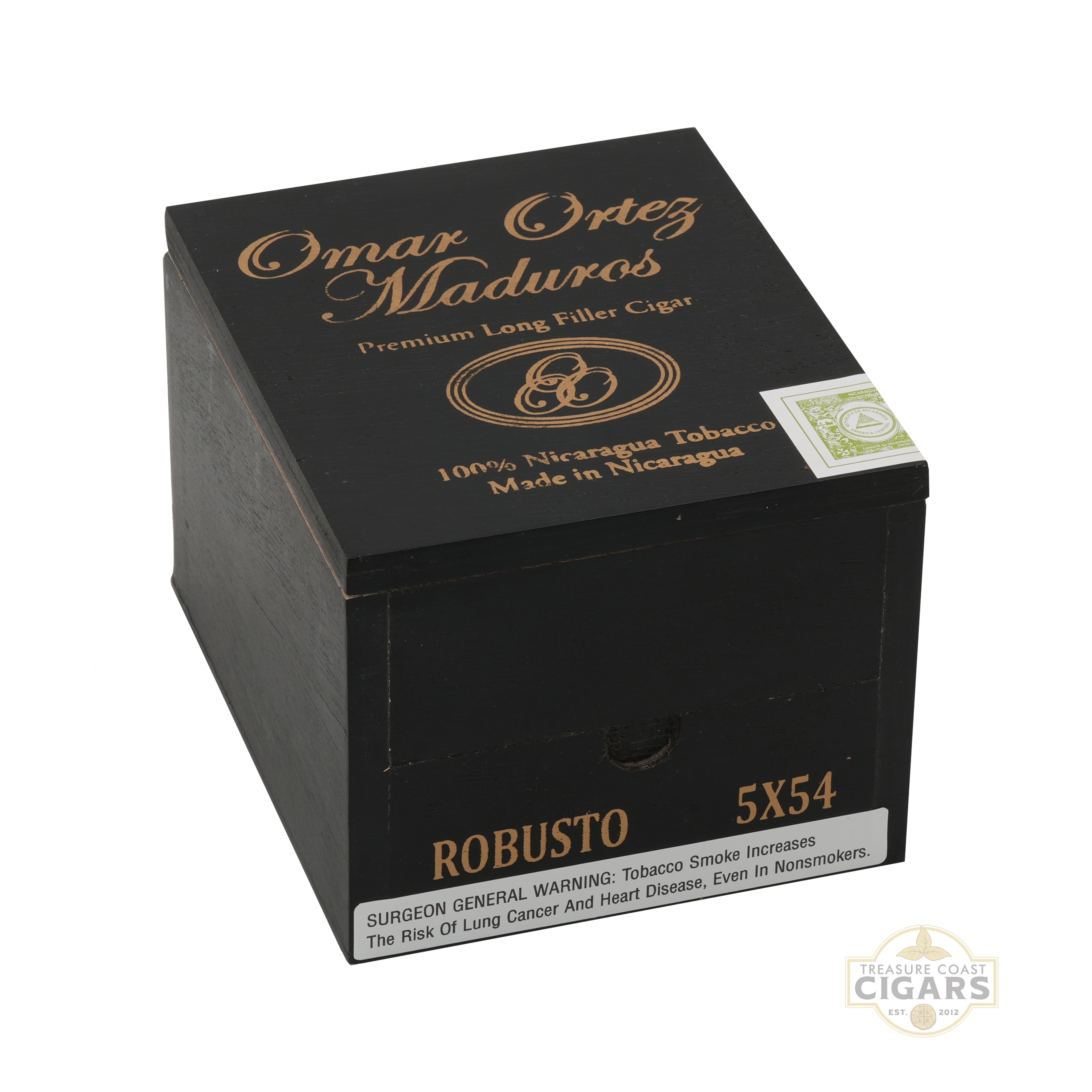 Black box of Omar Ortez Maduros cigars with gold and white text on a white background