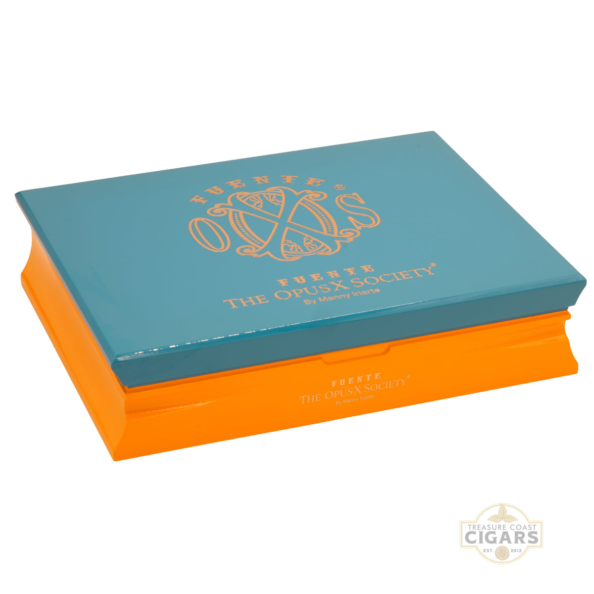 A square presentation box with a teal lid and bright orange base, featuring gold branding that reads 'FUENTE THE OPUS X SOCIETY' on the lid and side. The box is photographed on a clean white background with a small 'FUENTE' watermark in the bottom right corner.
