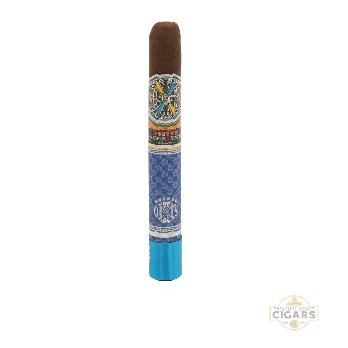 A cigar with ornate OPUS X SOCIETY band on a white background
