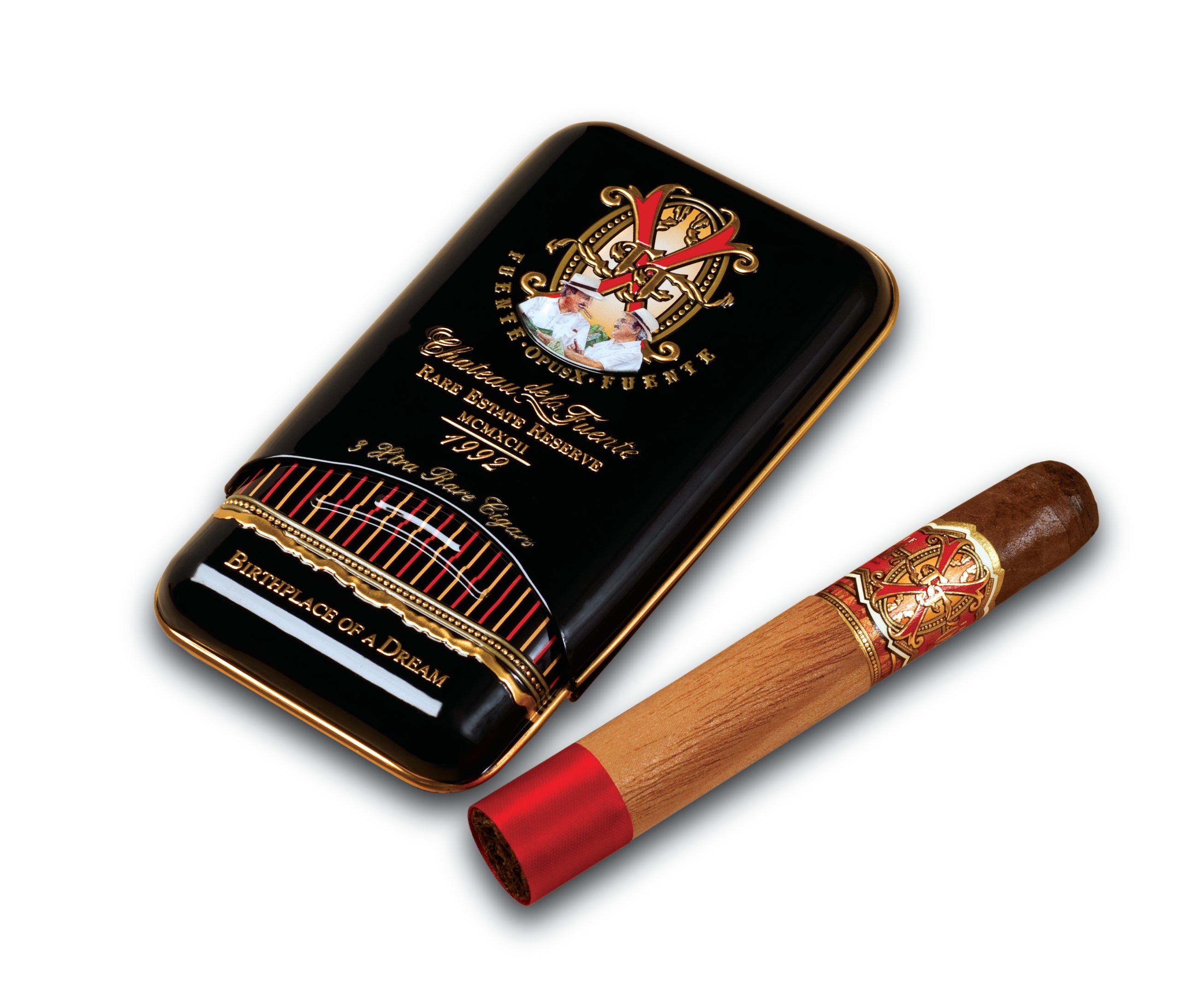 Opus X Robusto Cigar with decorative band and tin on a white background