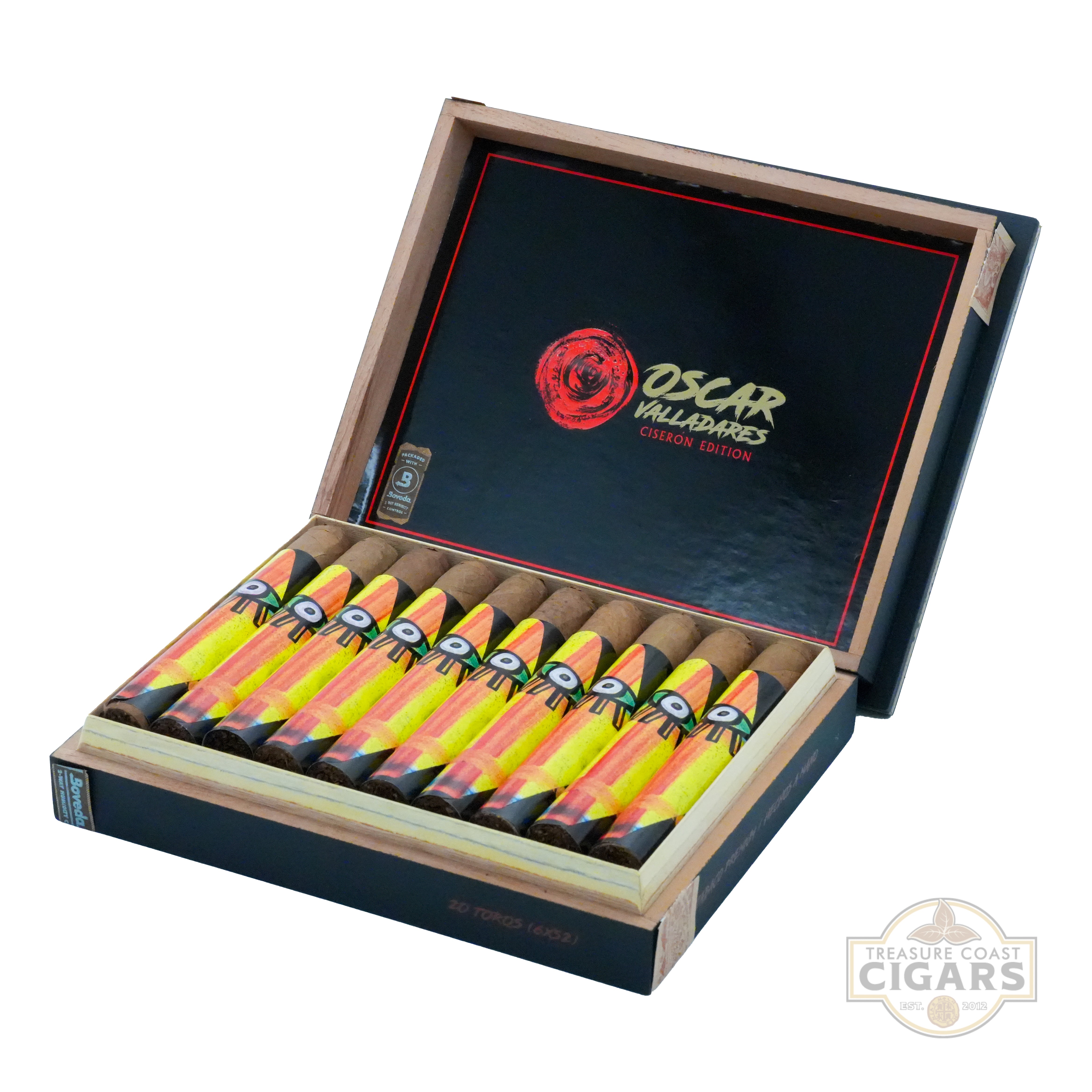 Open box of Oscar Valladares cigars with visible branding on a white background