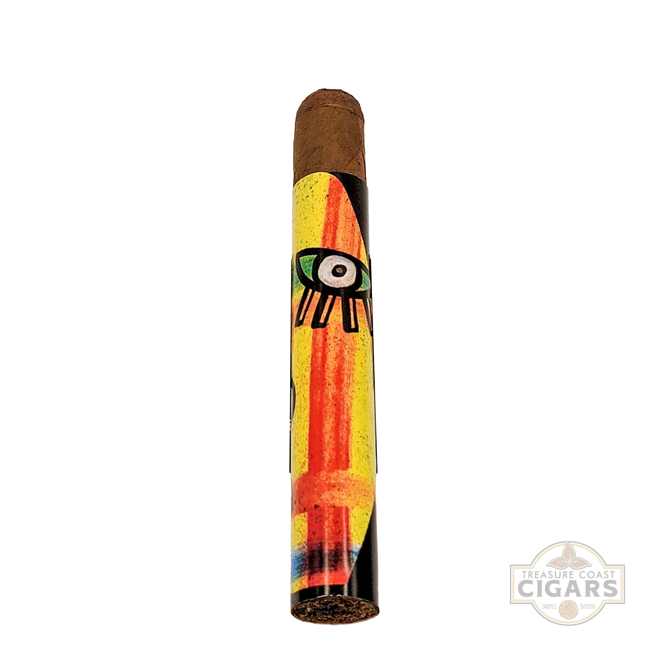 Colorful cigar with artistic design on a white background, featuring the Treasure Coast Cigars logo.