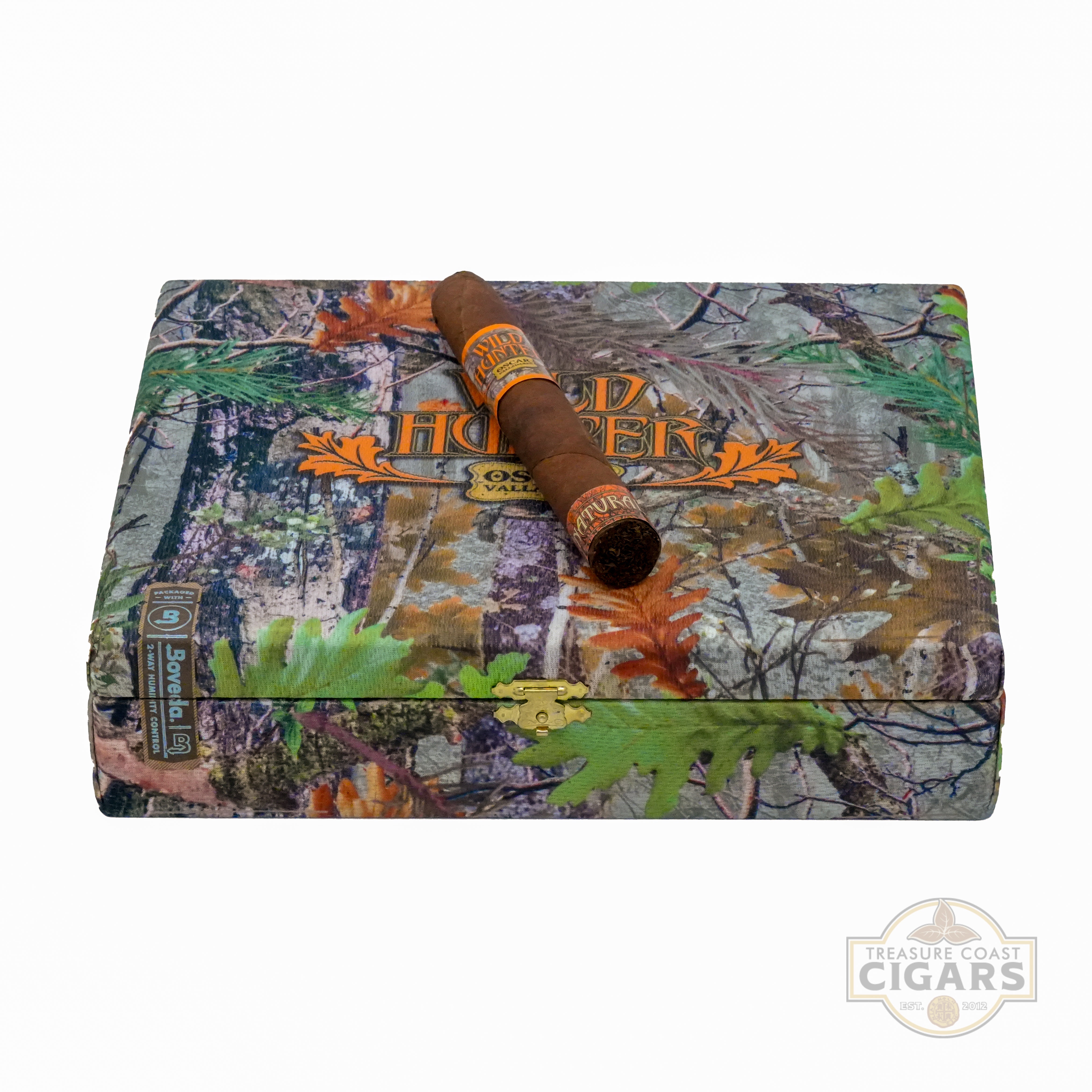 Cigar in a camouflage humidor with 'Wild Hunter' branding on a white background.