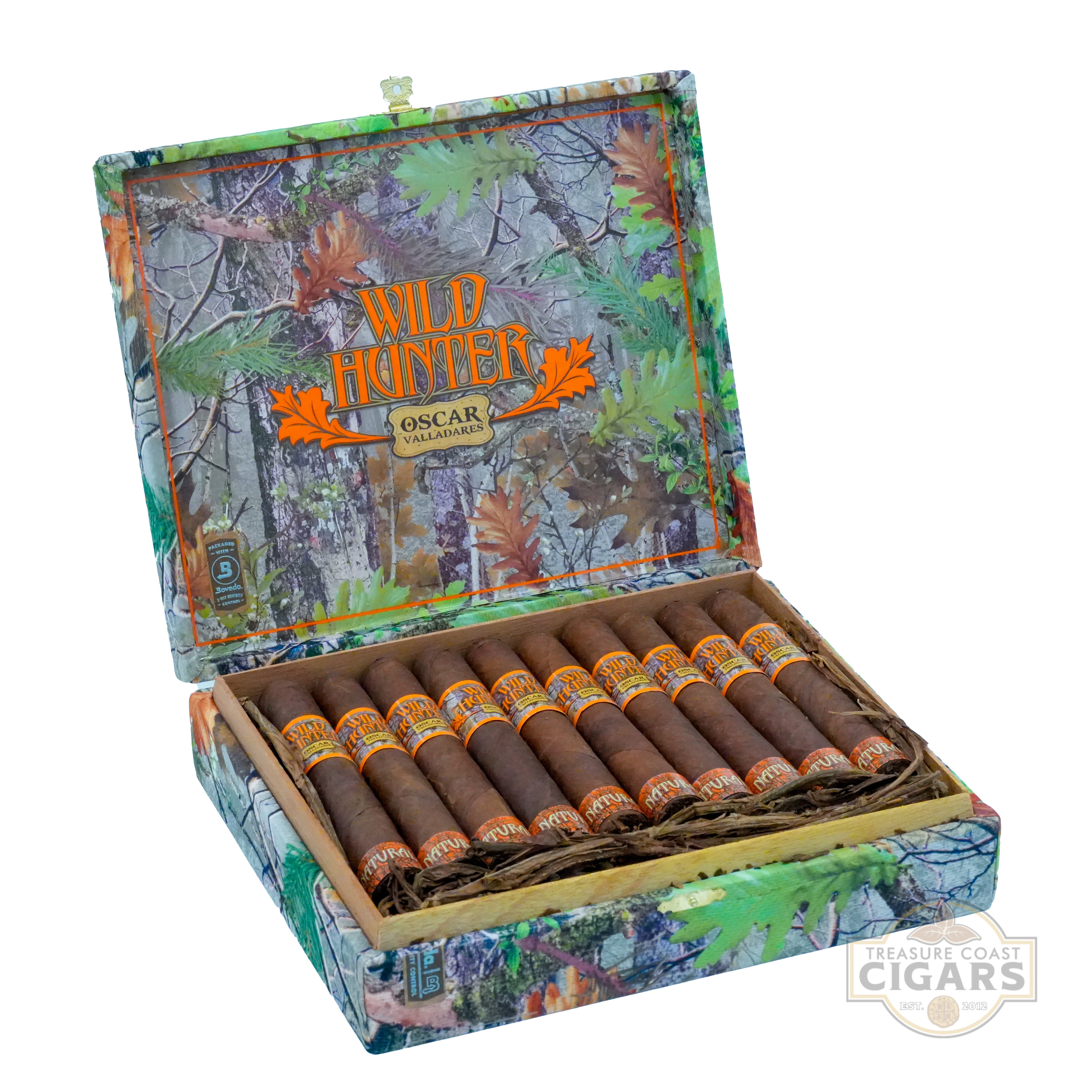 Open box of Wild Hunter cigars with camouflage design on a white background