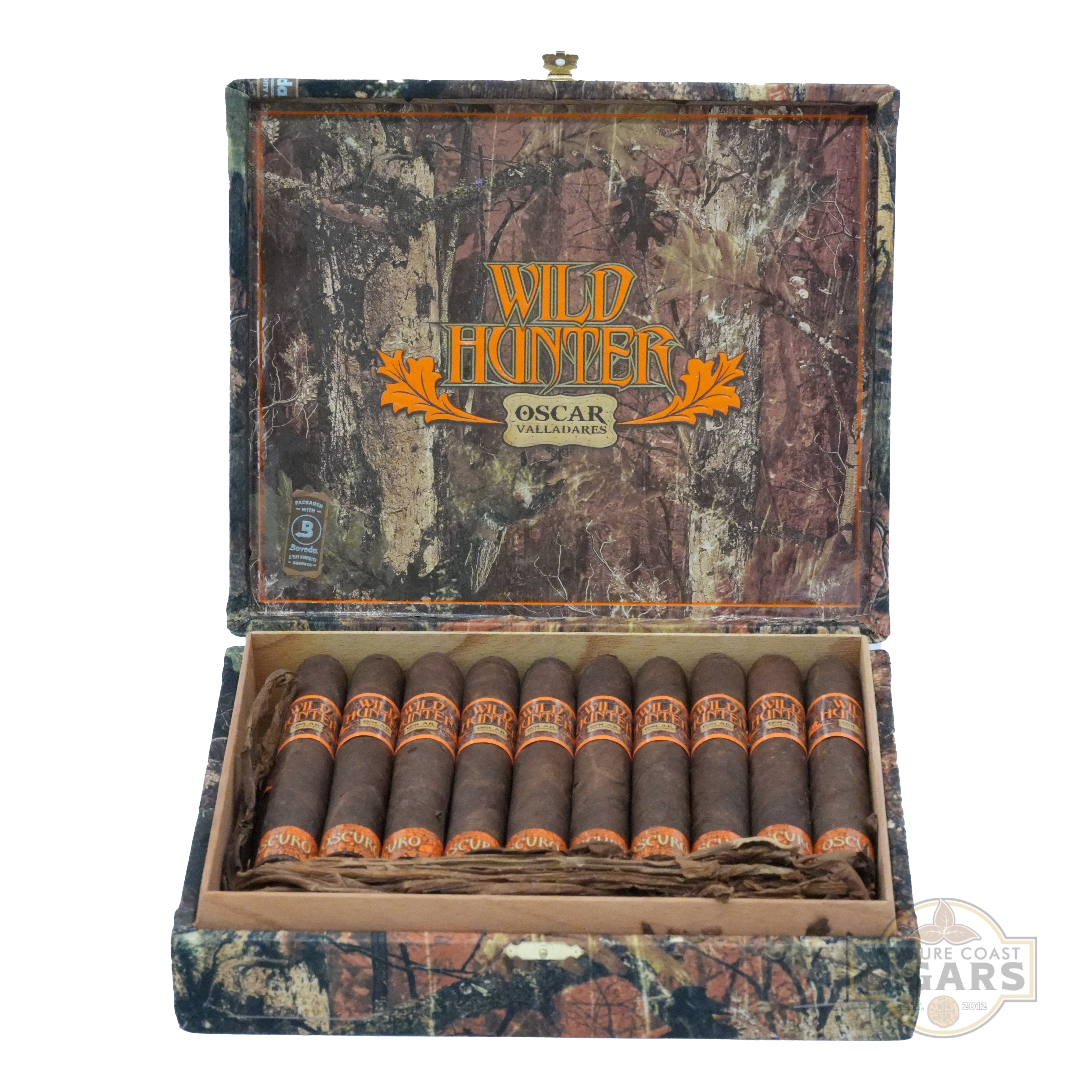 Camouflage box of Wild Hunter cigars with cigars inside on a white background