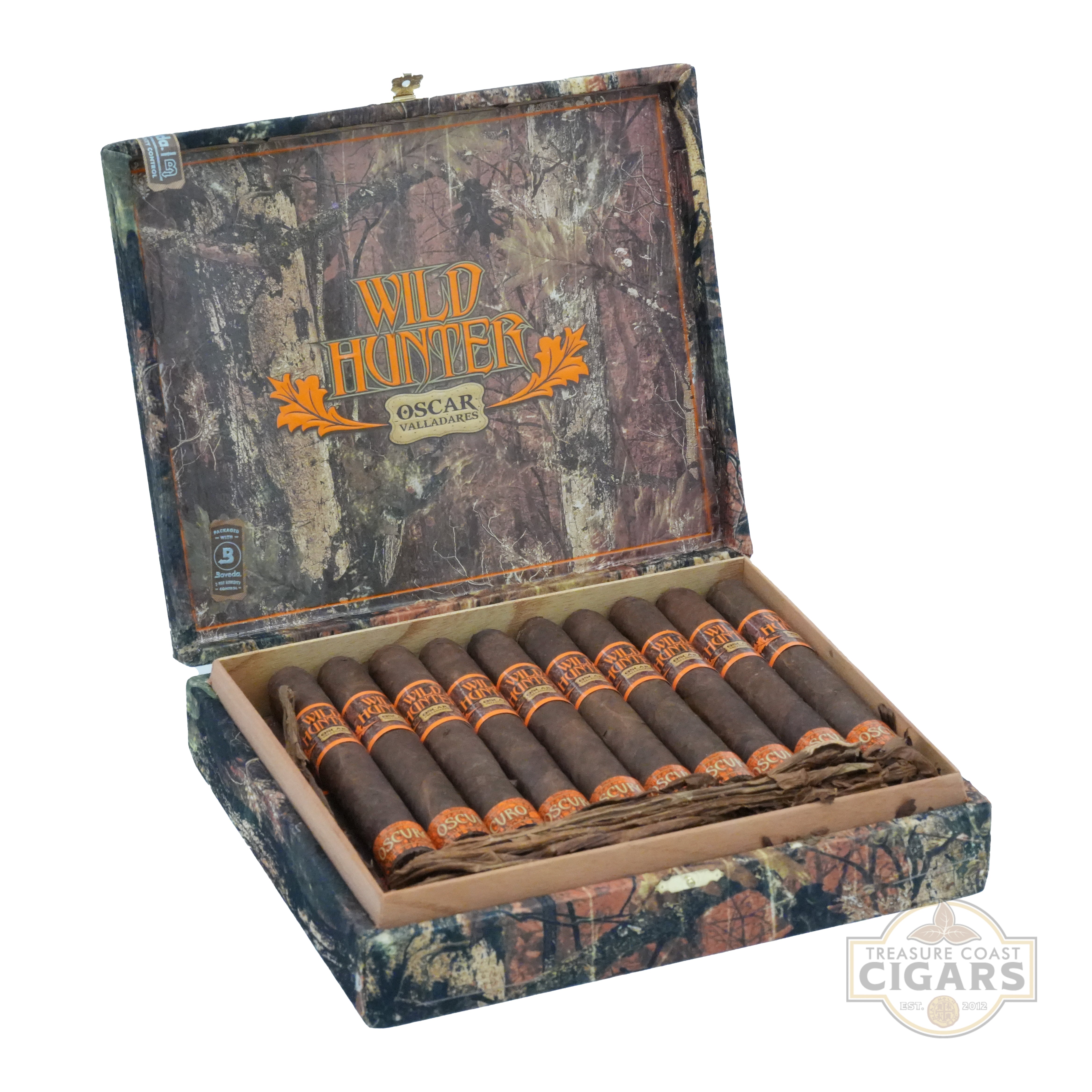 Open box of Wild Hunter cigars with cigars inside on a white background