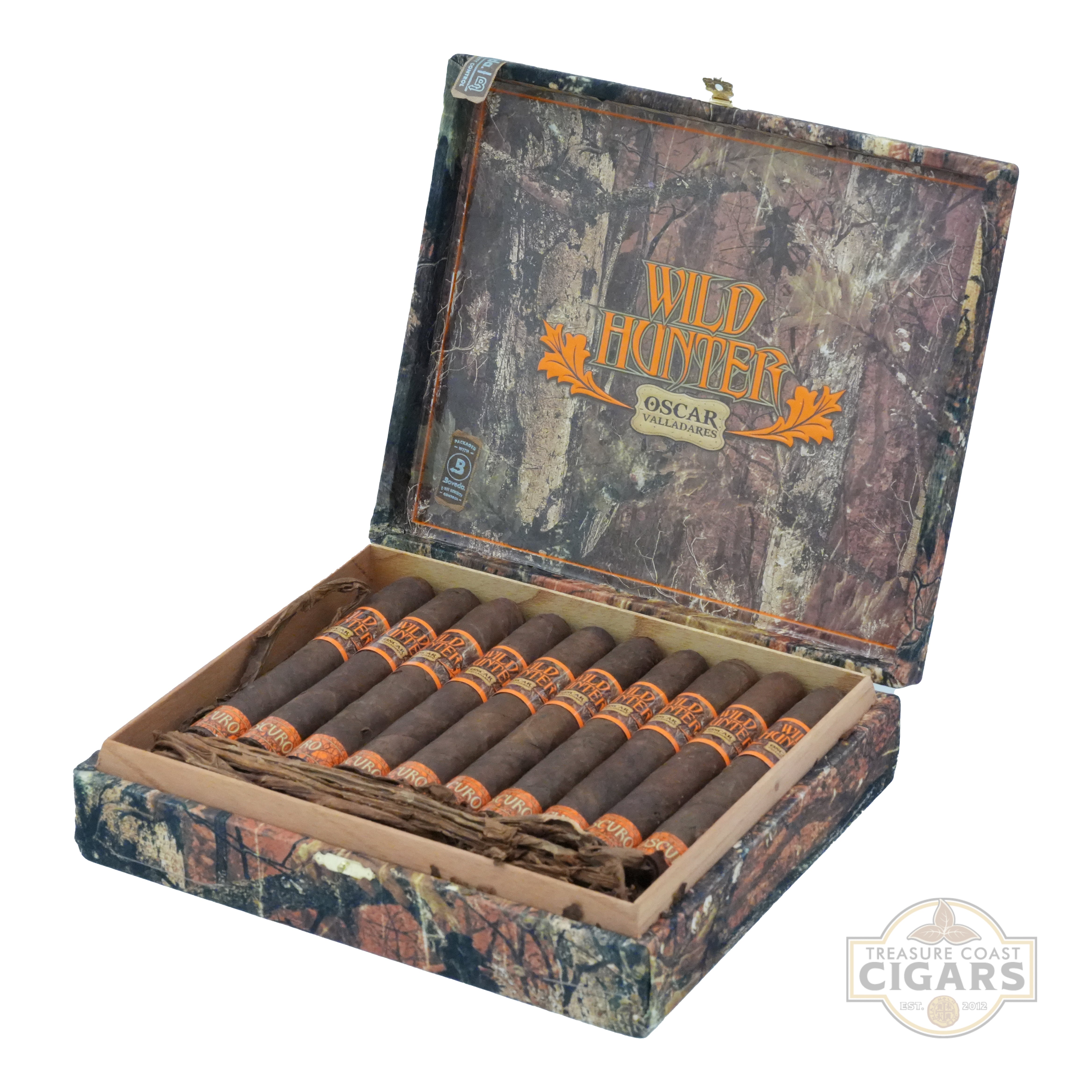 Open box of Wild Hunter cigars with visible branding on a white background