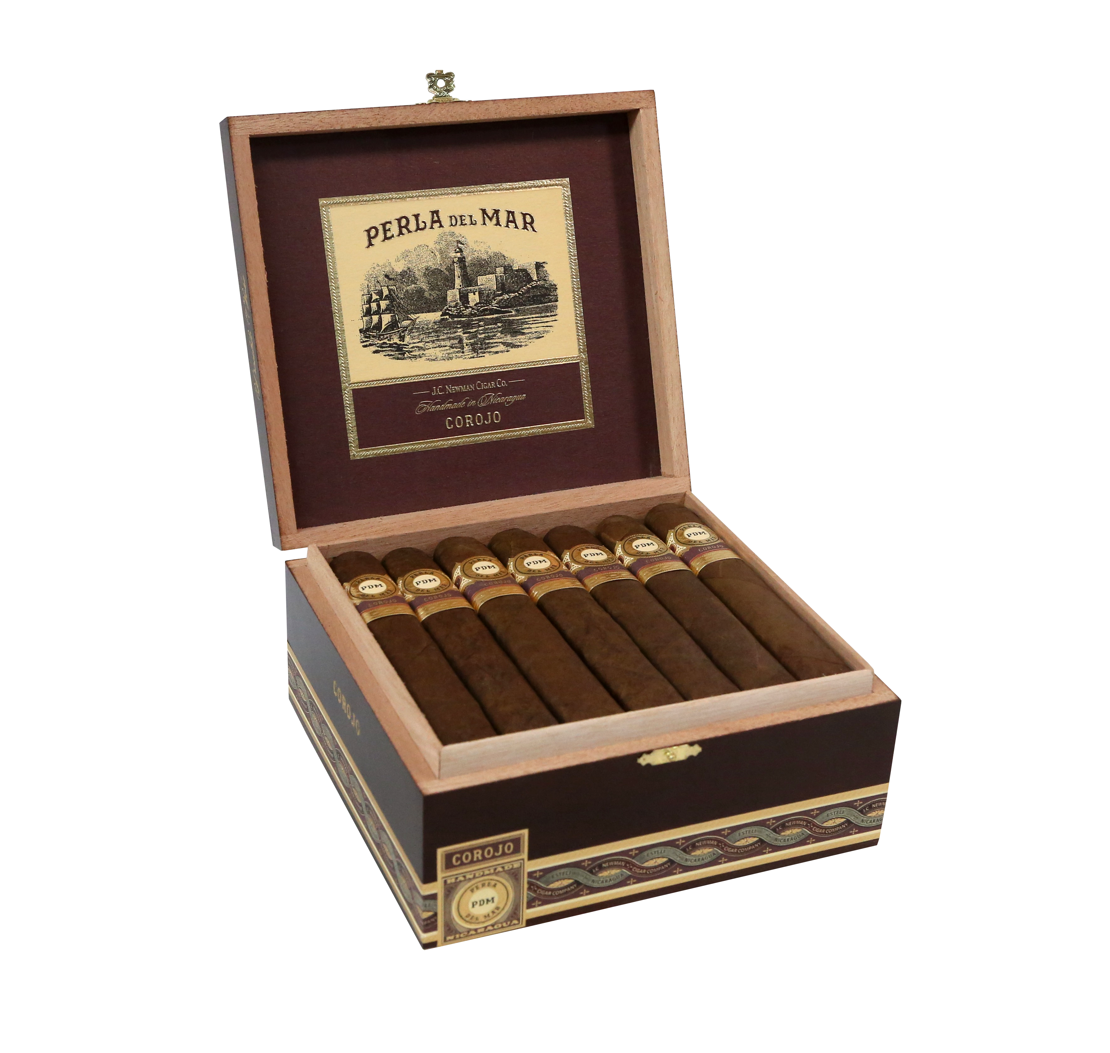 Open cigar box with cigars and 'Perla del Mar' label on a white background