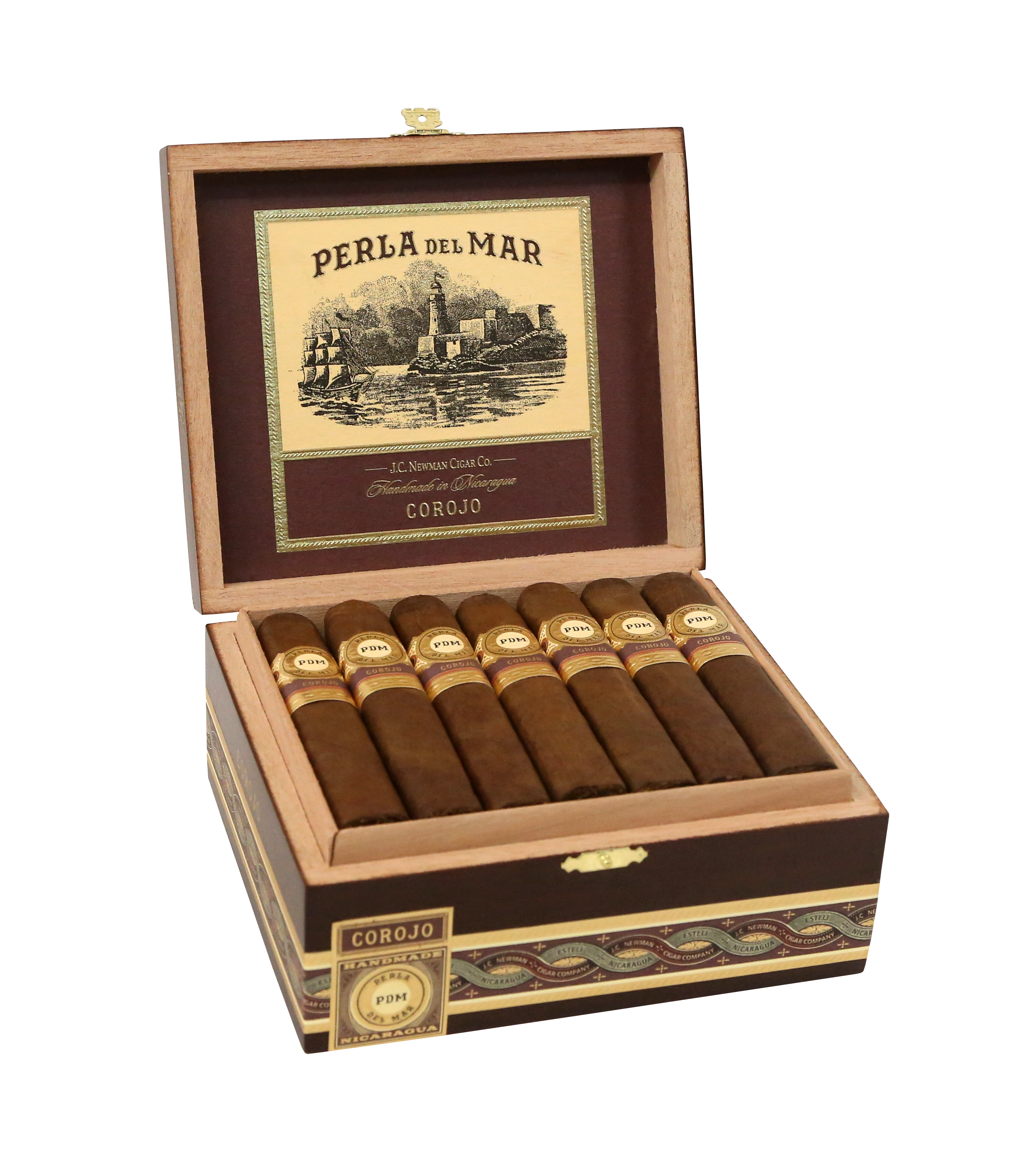 Perla del Mar Corojo cigars in an open wooden humidor on a white background