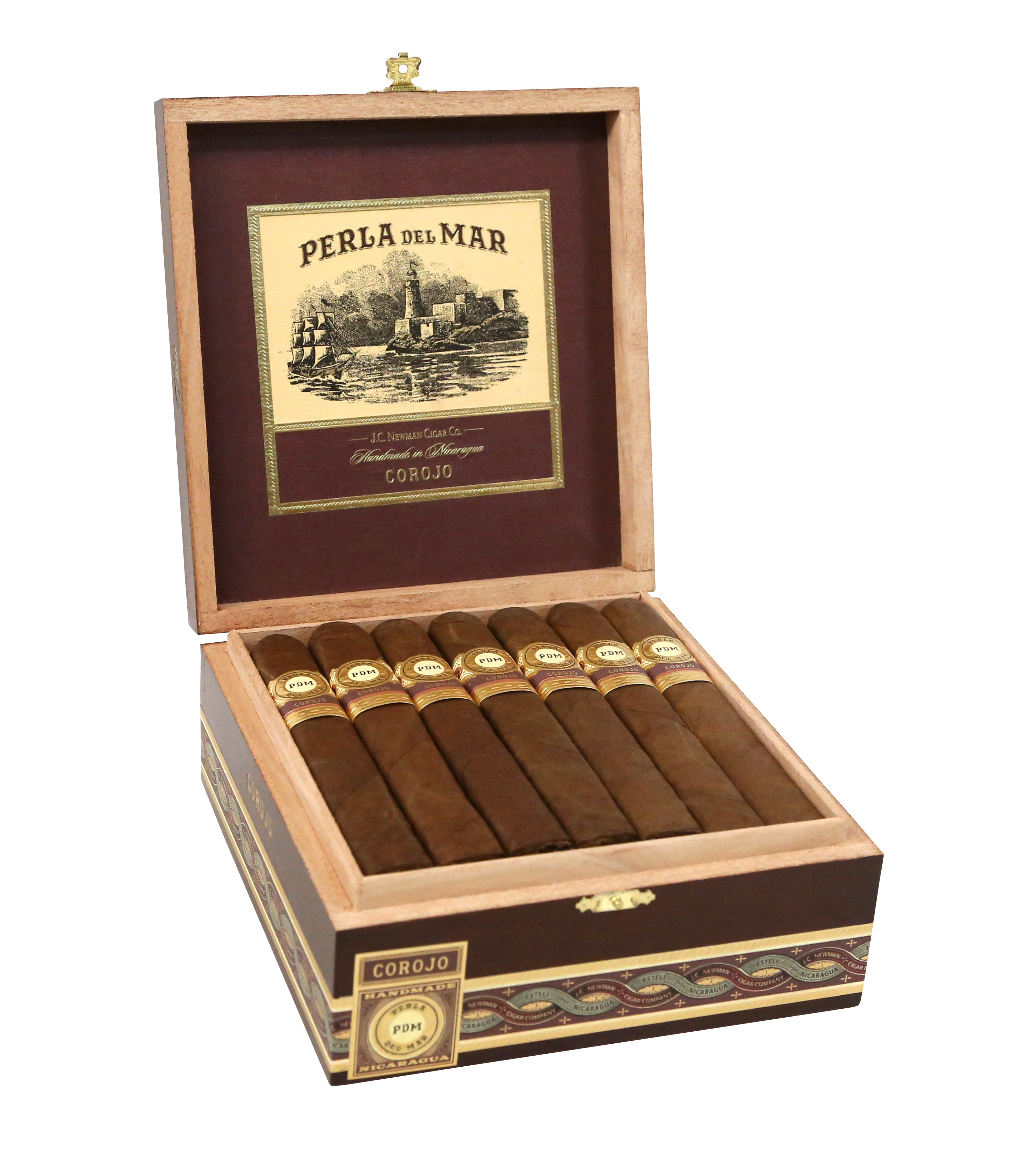 Open cigar box with cigars and 'Perla del Mar' label on a white background
