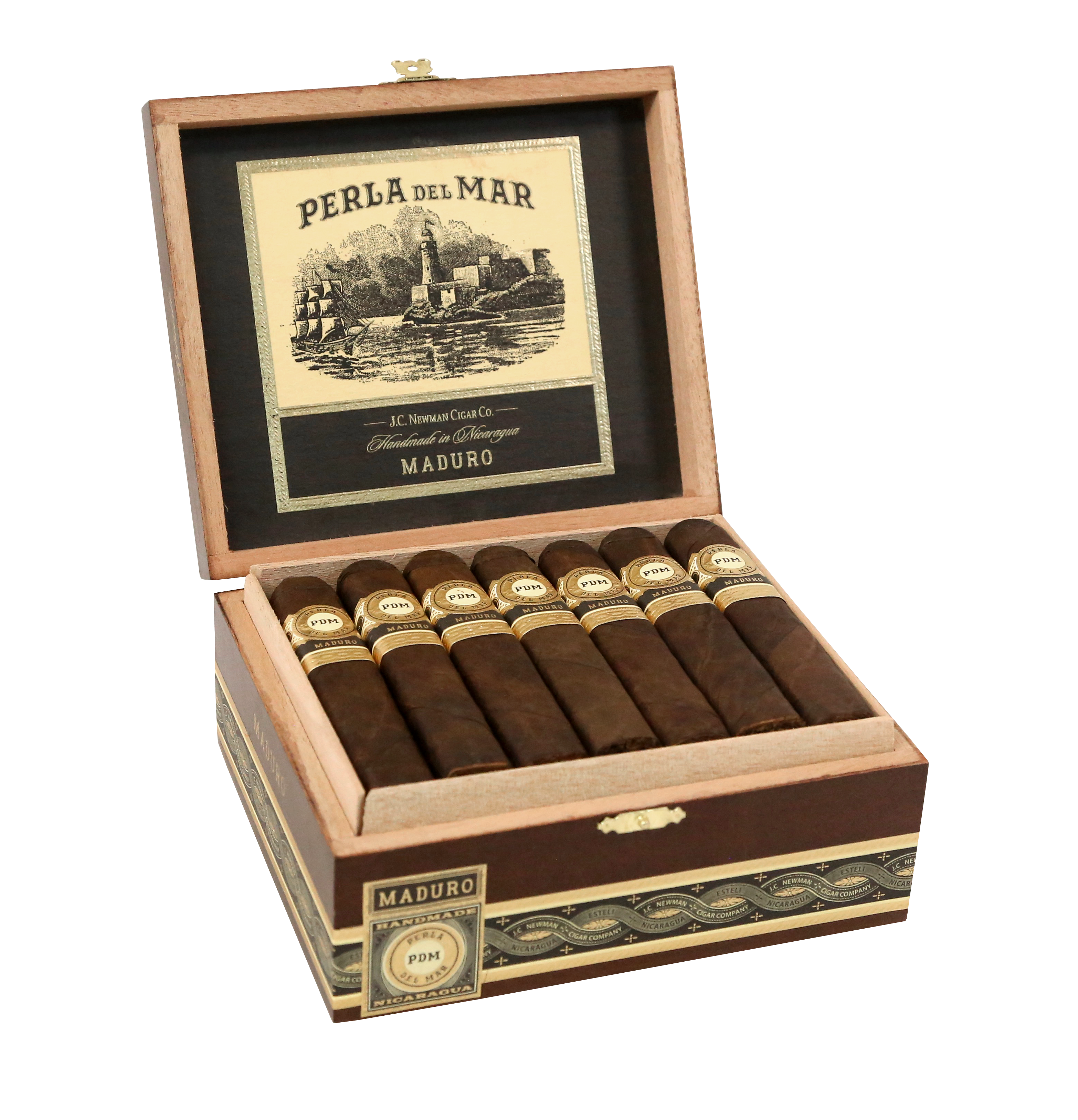 Open  box displaying Perla del Mar Maduro Robusto cigars with a decorative label on a white background