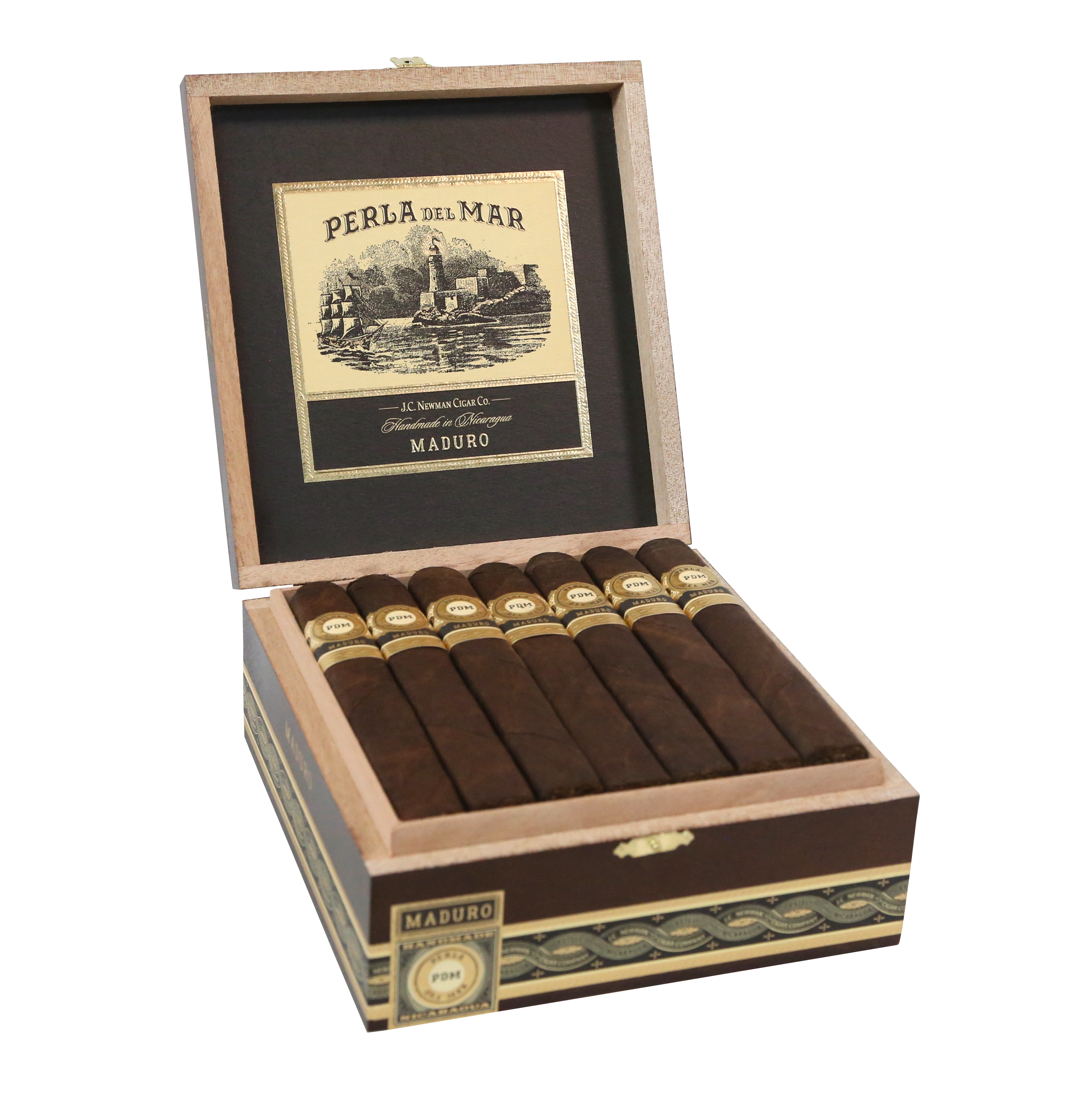 Open box displaying Perla del Mar cigars with a visible label on a white background