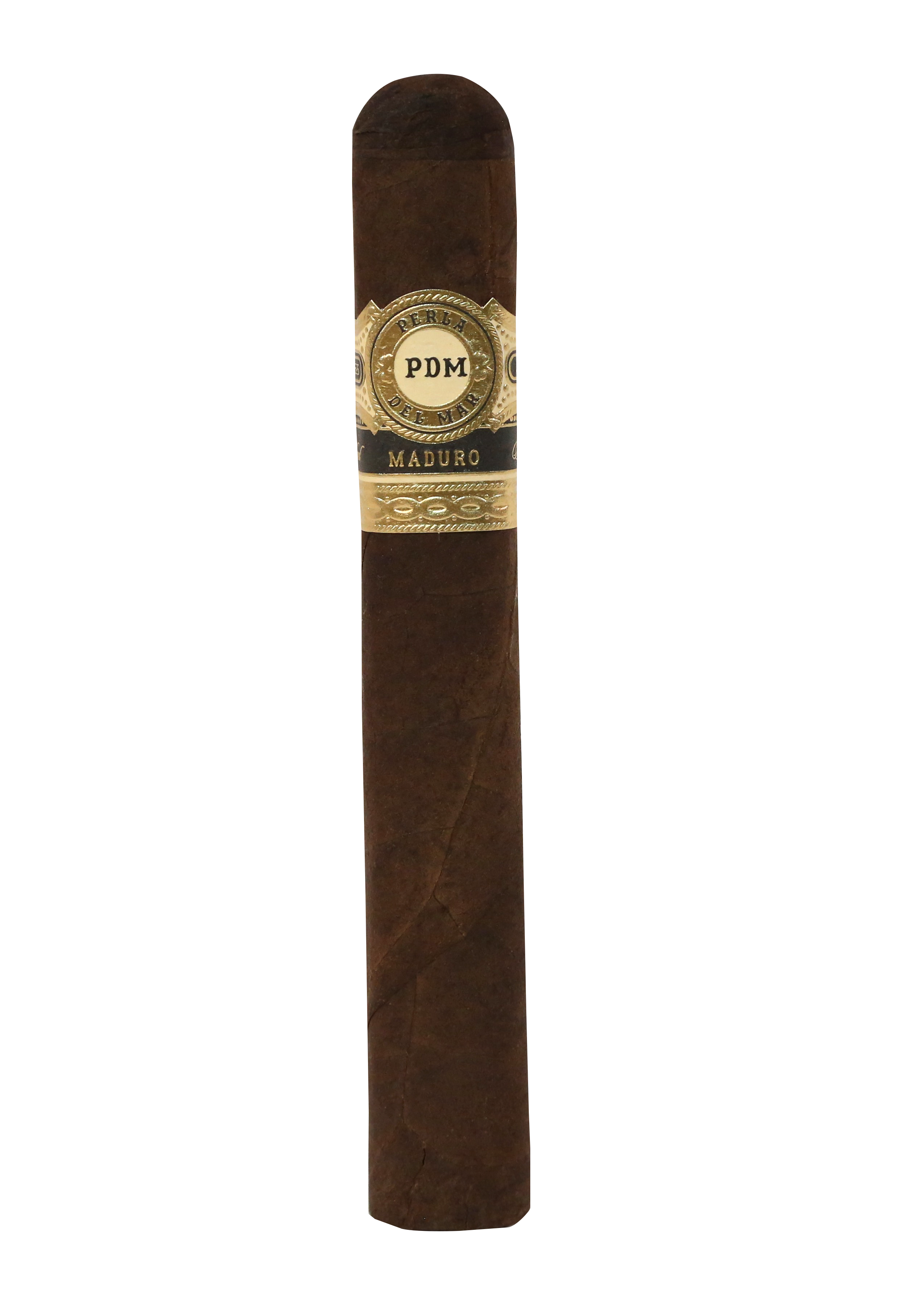 Cigar with a gold band labeled 'PDM' on a white background