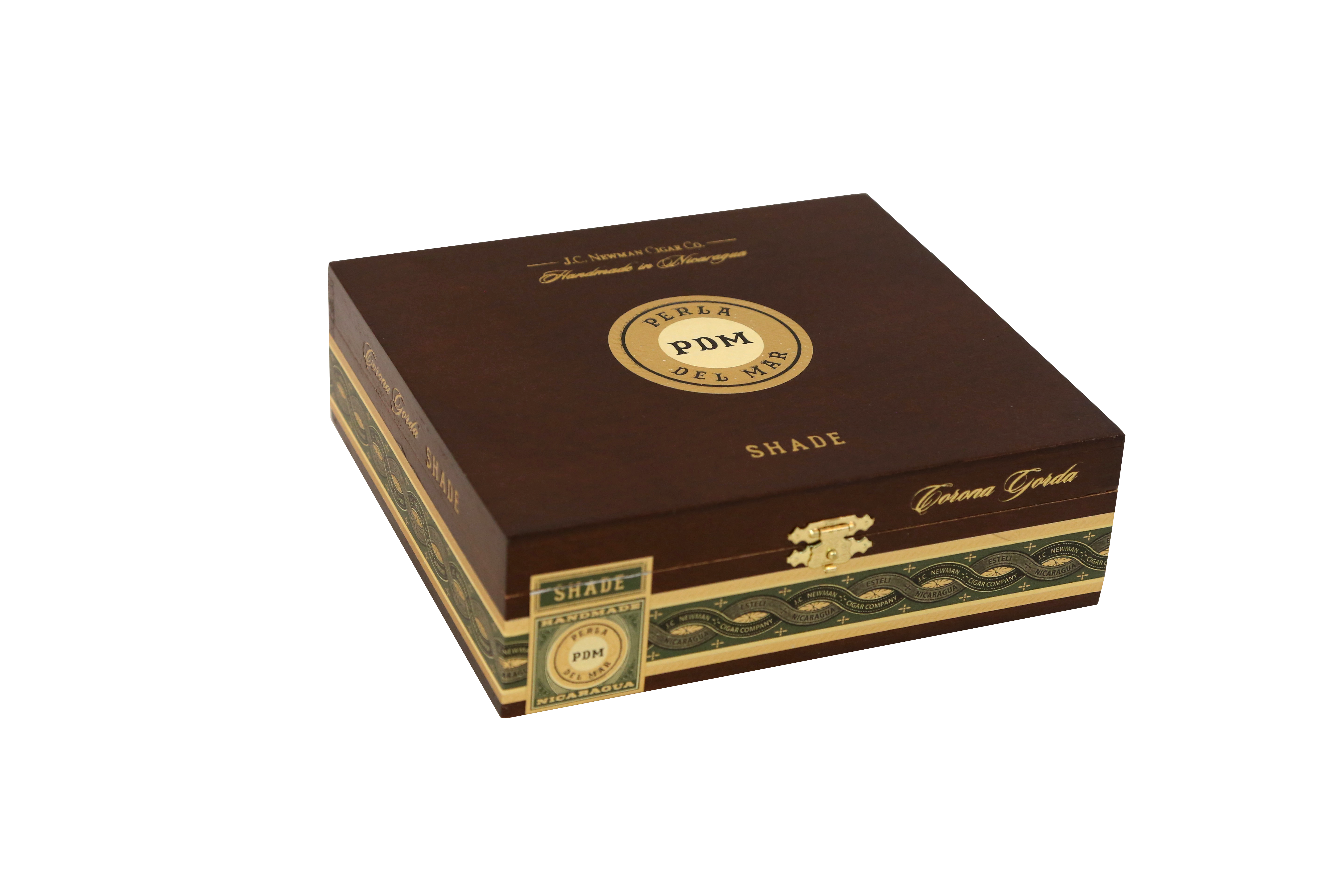 Cigar box with gold and green design on a white background